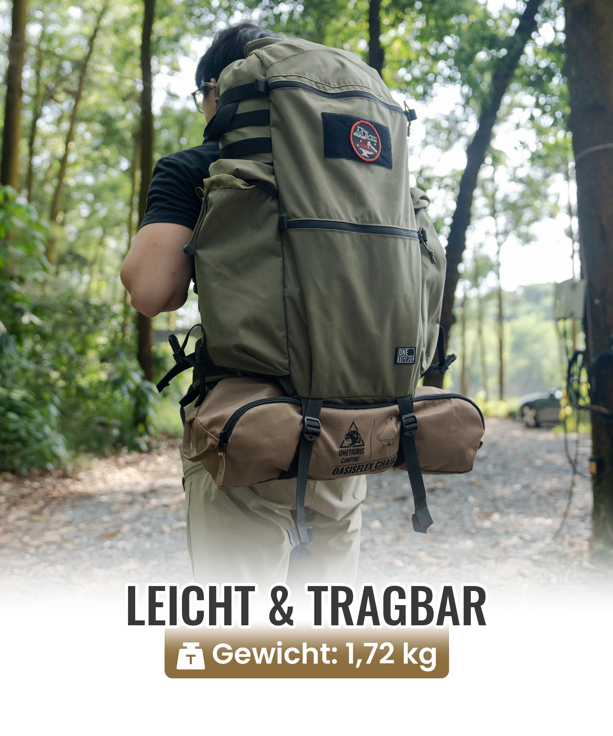 OneTigris OASISFLEX Campingstuhl Hochlehner faltbar 150 kg, Klappstuhl Camping leicht integrierter Kreuzrahmen, Angelstuhl klappbar, Faltstuhl Ultraleicht, mit 2 Seitentaschen für Outdoor, Wandern