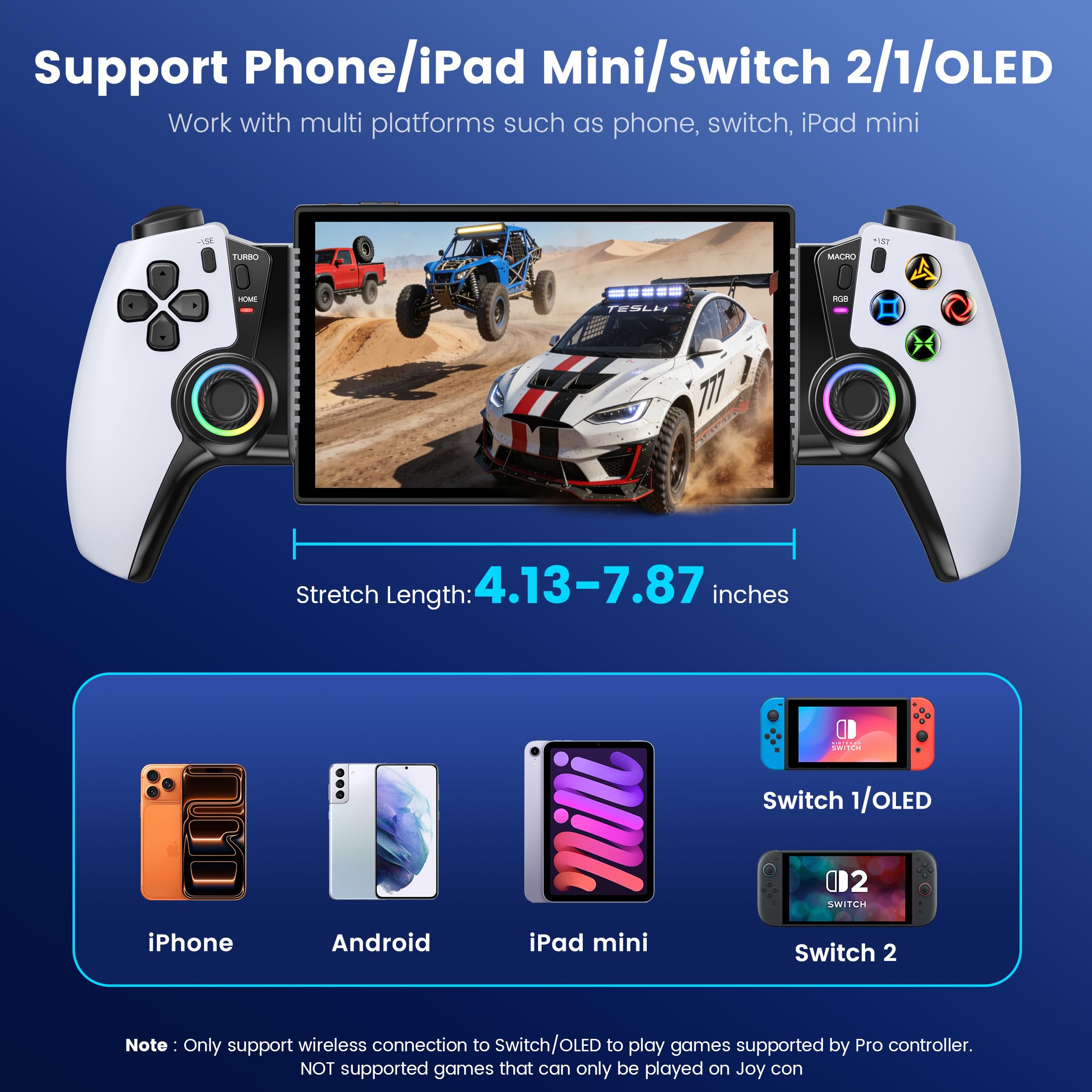 Controlador de teléfono para iPhone/Android/Switch 1/2/OLED/iPad Mini con joystick Hall, controlador inalámbrico LED para juegos móviles para iOS compatible con PS Remote Play, Xbox Cloud, Steam Link