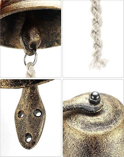 Miniatura 4 de QWORK Timbre vintage de hierro fundido, campana de cena, campana colgante de cobre rojo, campana de estilo retro para exteriores