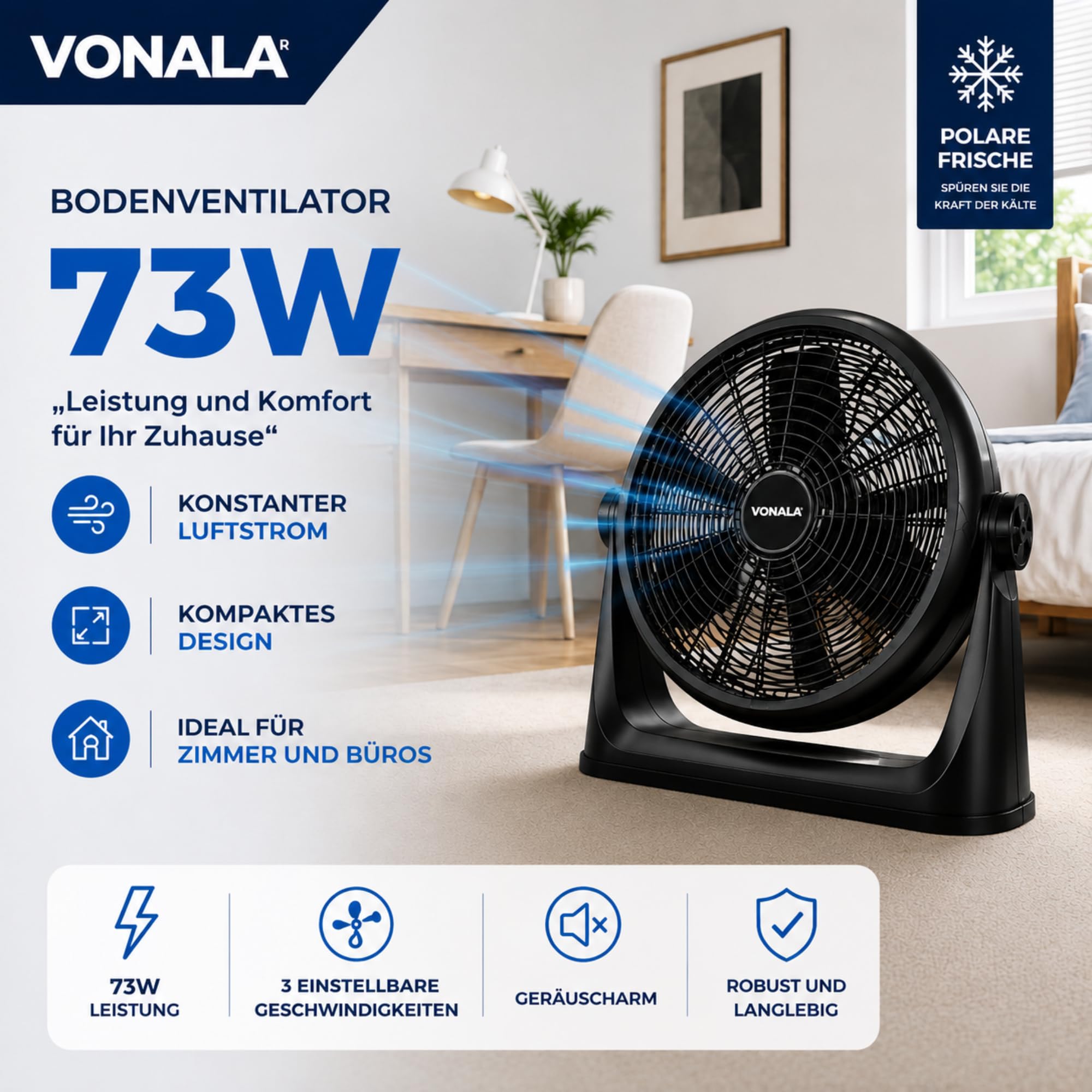 Vonala Industrieller Boden- und Wandventilator, leistungsstark, 50 cm, leise, ABS, vibrationsfrei, für den Außen- und Innenbereich, schwarz, leistungsstark, leise, 73 Watt
