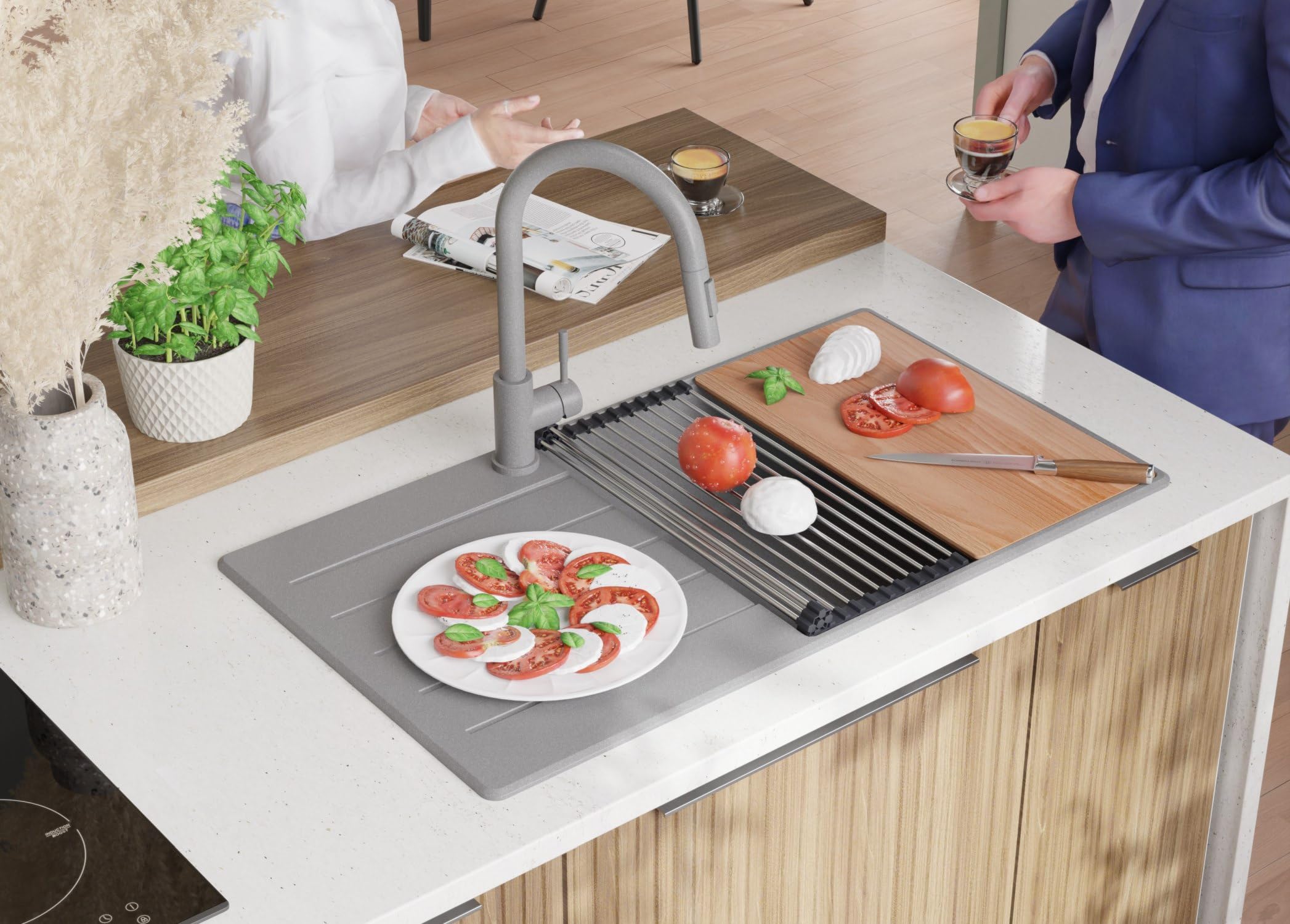 PRIMAGRAN Evier Cuisine en Granit au Meuble 60cm + Kit de Vidage, 90x50cm