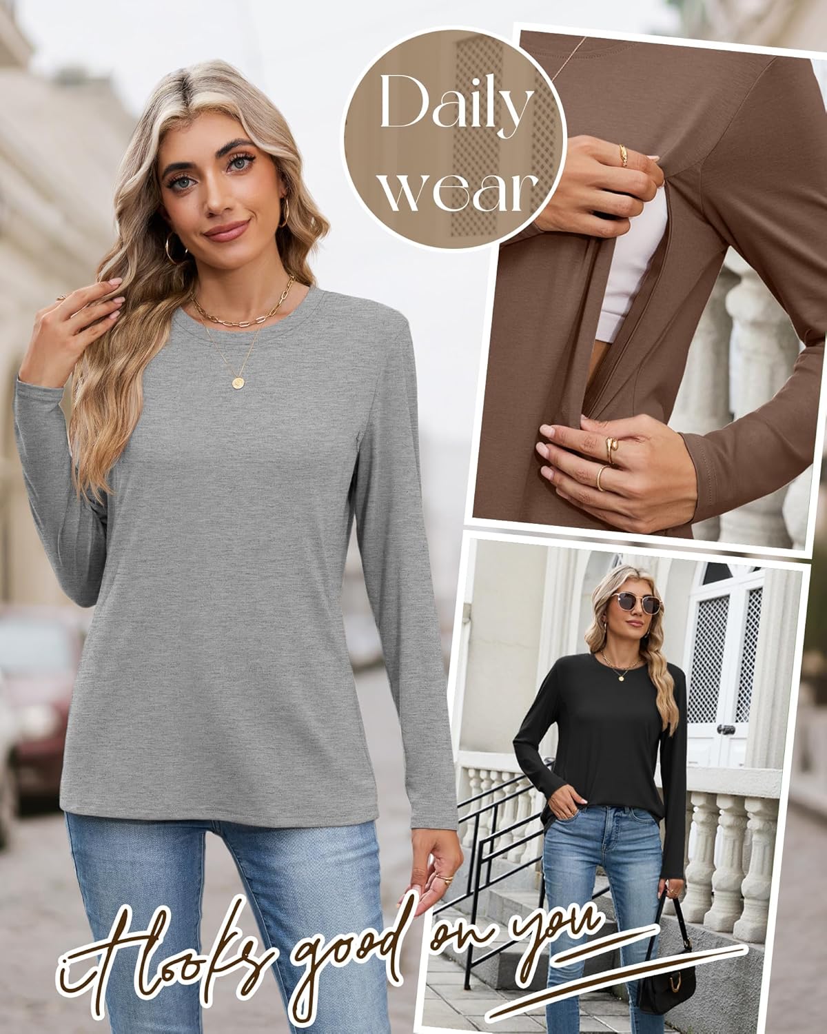 4 Pack Women's Nursing Breastfeeding Tops, Long Sleeve Maternity Shirts Loose Fit Hidden Zipper Pregnancy Clothes - Image 5