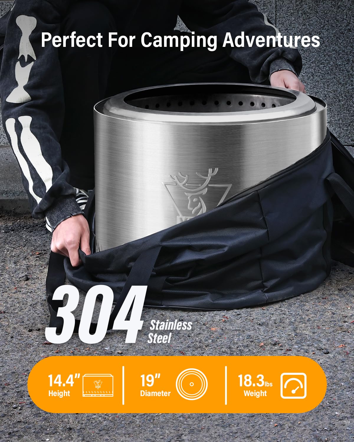 Generic Braciere da Esterno Giardino Senza Fumo Focolare in Acciaio inox 304 con Cassetto Cenere Rimovibile, Supporto e Borsa da Viaggio 48 x 37 cm (Argento)