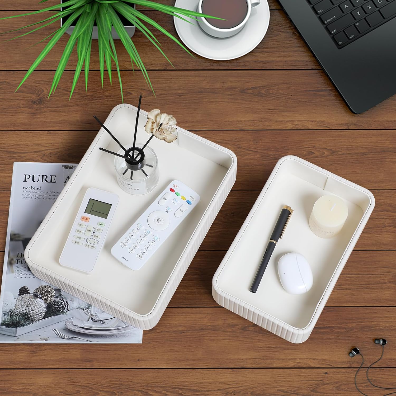 Desk Organizer Tray, PU Leather Nightstand Organizer Perfume Valet Tray for Men Women, Decorative Vanity Trays Trinket Dish Key Bowl for Entryway Table (2pcs, Ivory, Large+Small)