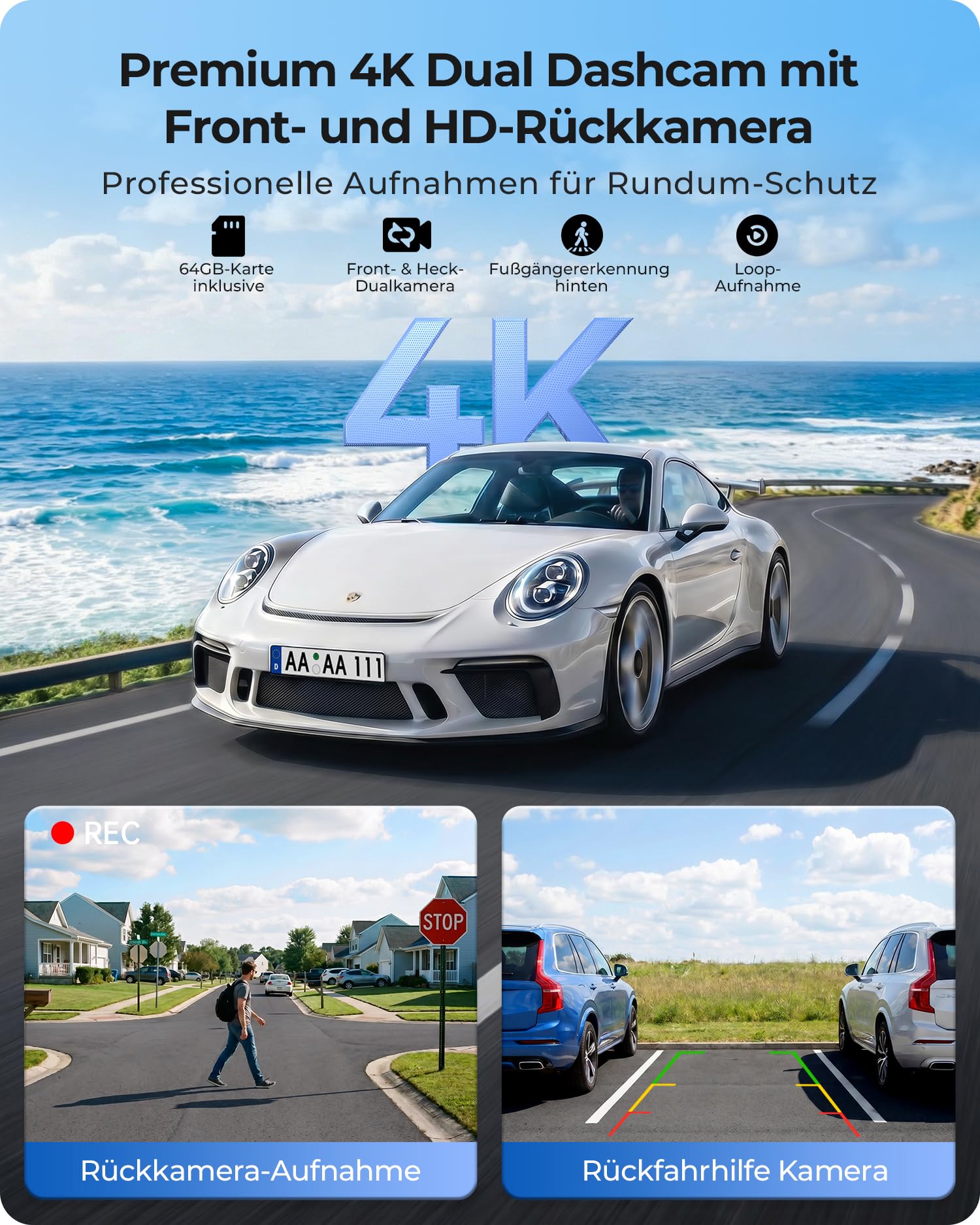 10,26" Drahtloses Tragbarer 60FPS Car Play Display mit 4K Dashcam Vorne HD Hinten für Apple Carplay & Android Auto, 1920 * 720 Laminiertes Tablet mit GPS Navigation Bluetooth Mirror Link