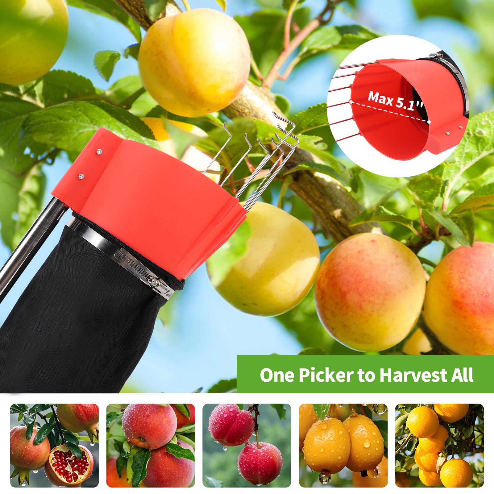 Wakects Recolector de Frutas con Mango Telescópico, Recogedor de Manzanas con Bolsa Embudo, para Cosechar Manzanas, Cítricos, Peras, Cerezas