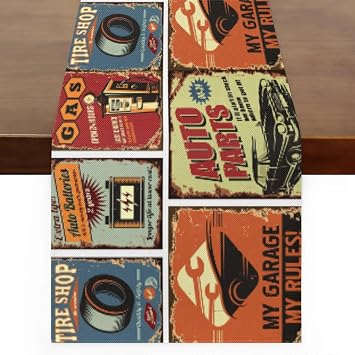 Vintage Car Themed Table Runner 48 Inches Long Linen Table Runners for Farmhouse Holiday Party Kitchen Coffee Dinning Table Decoration