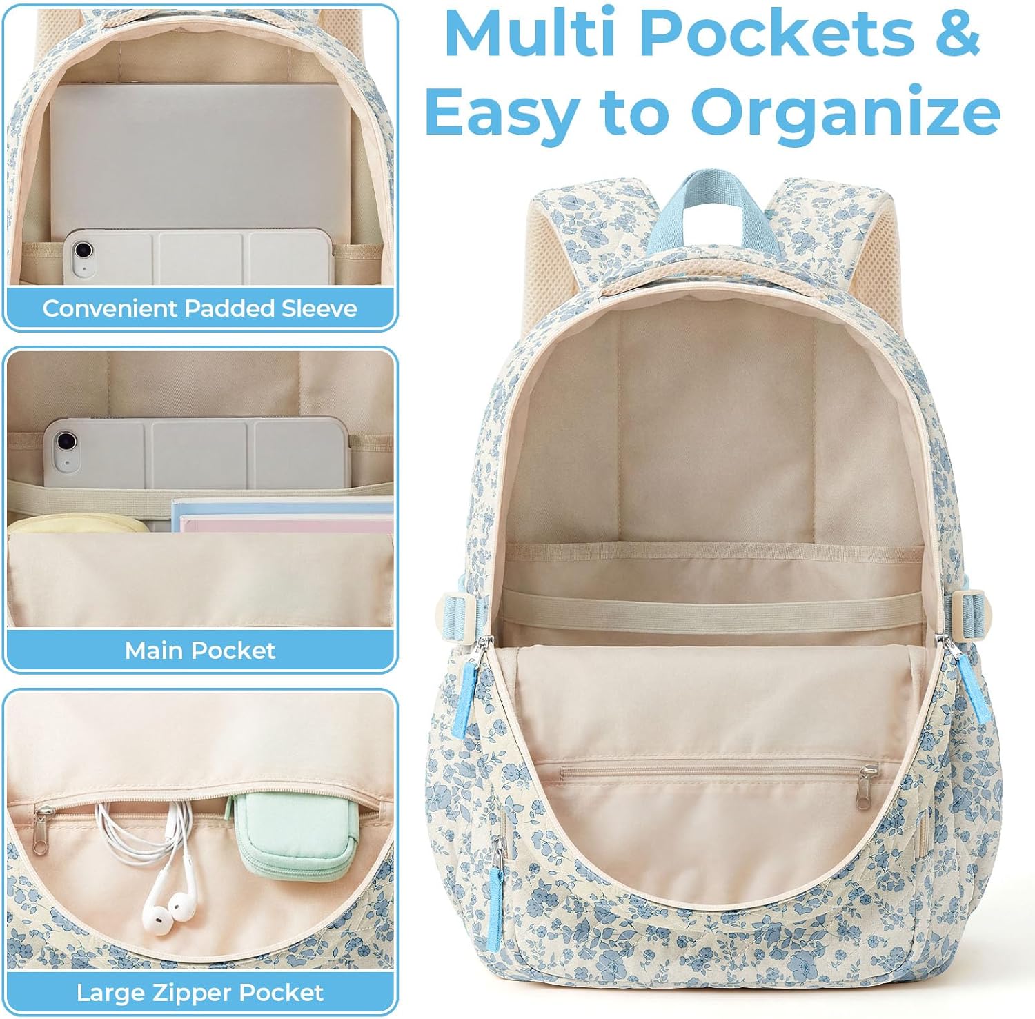 WOBAGMEN Backpack for Women,Cute Quilted Backpack with Multi-Pocket, Lightweight Anti Theft Bookbag Fits 15.6" Laptop,Aesthetic Large Capacity Casual Daypacks for travel(Blue Floral, M)