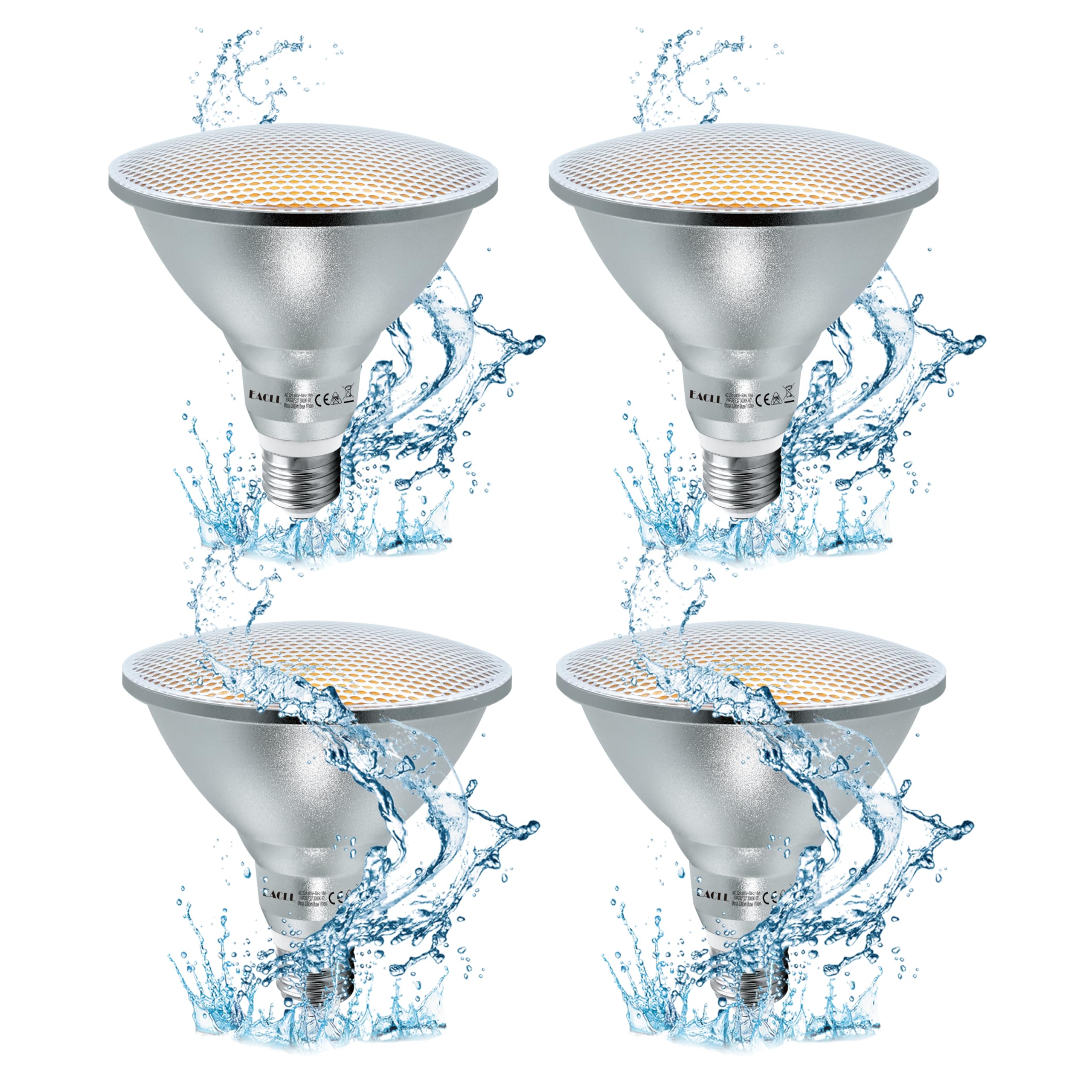 EACLL IP65 Lampadine LED E27 PAR38 18W Equivalente 120W, Pacco da 4, 1700lm 3000K Bianco Caldo, Faretti AC 230V senza Sfarfallio, Angolo a Fascio 60° Spot, Non Dimmerabile Lampade Riflettore