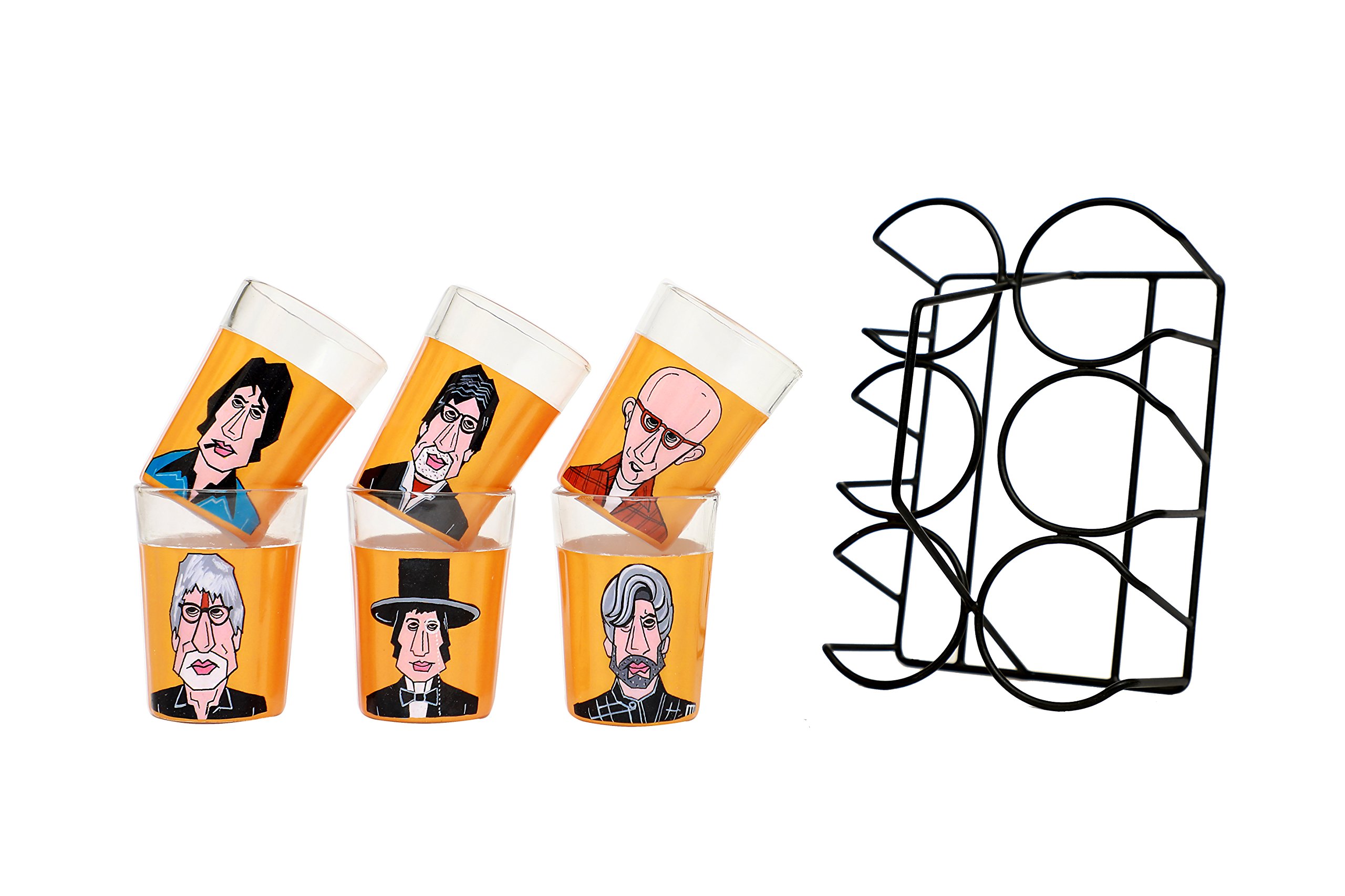 A Krazy Mug Amitabh Bachchan BigB Bollywood Movies Avatar Hand Painted Traditional Tapri Tea Glasses with Iron Container Stand Holder (Set of 6, 90ml)