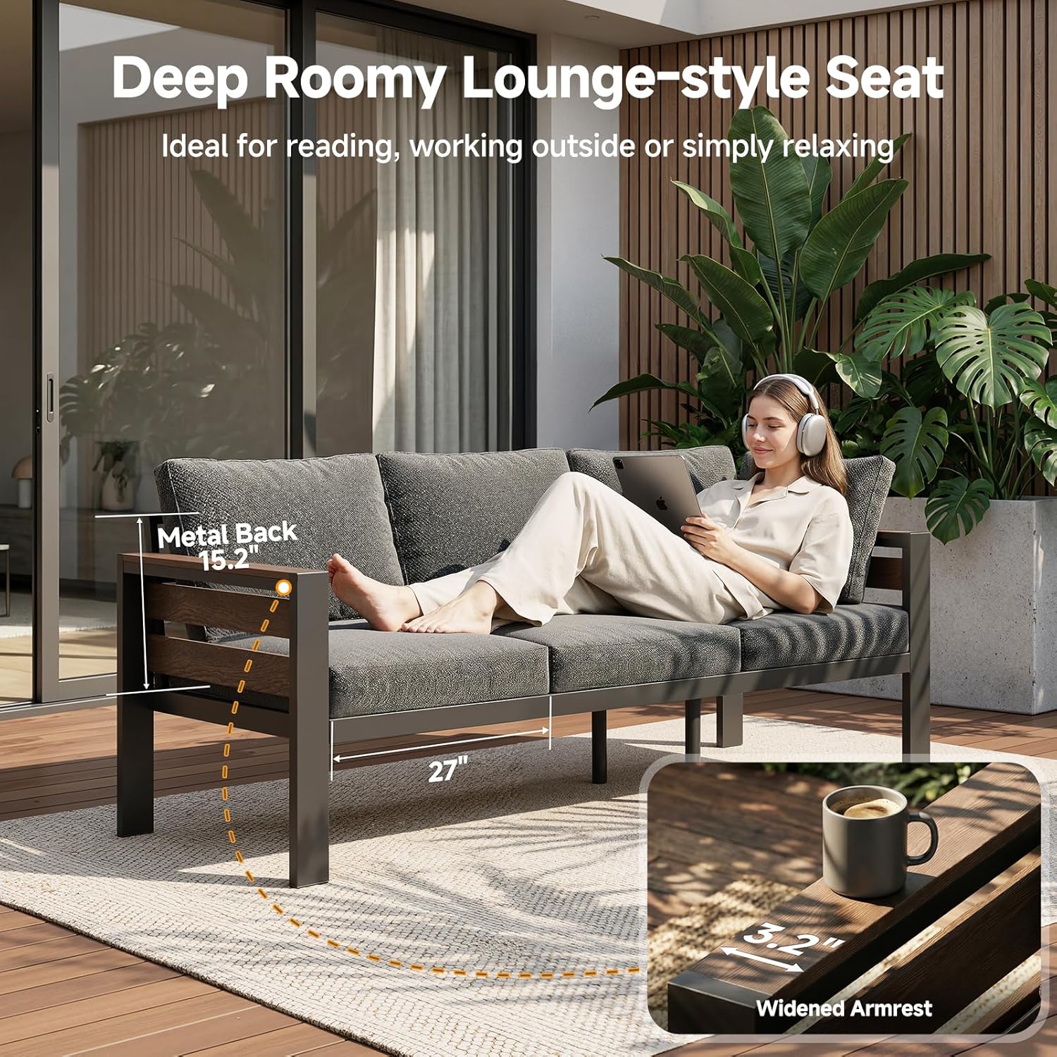 Outdoor Aluminum Patio Furniture Set with 2 Footstool, 7 Pieces 7 Seat Rust-resistant Patio Conversation Sets with 28D Thick Washable Cushions and Coffee Table, Oversized Metal Sectional Sofa Set