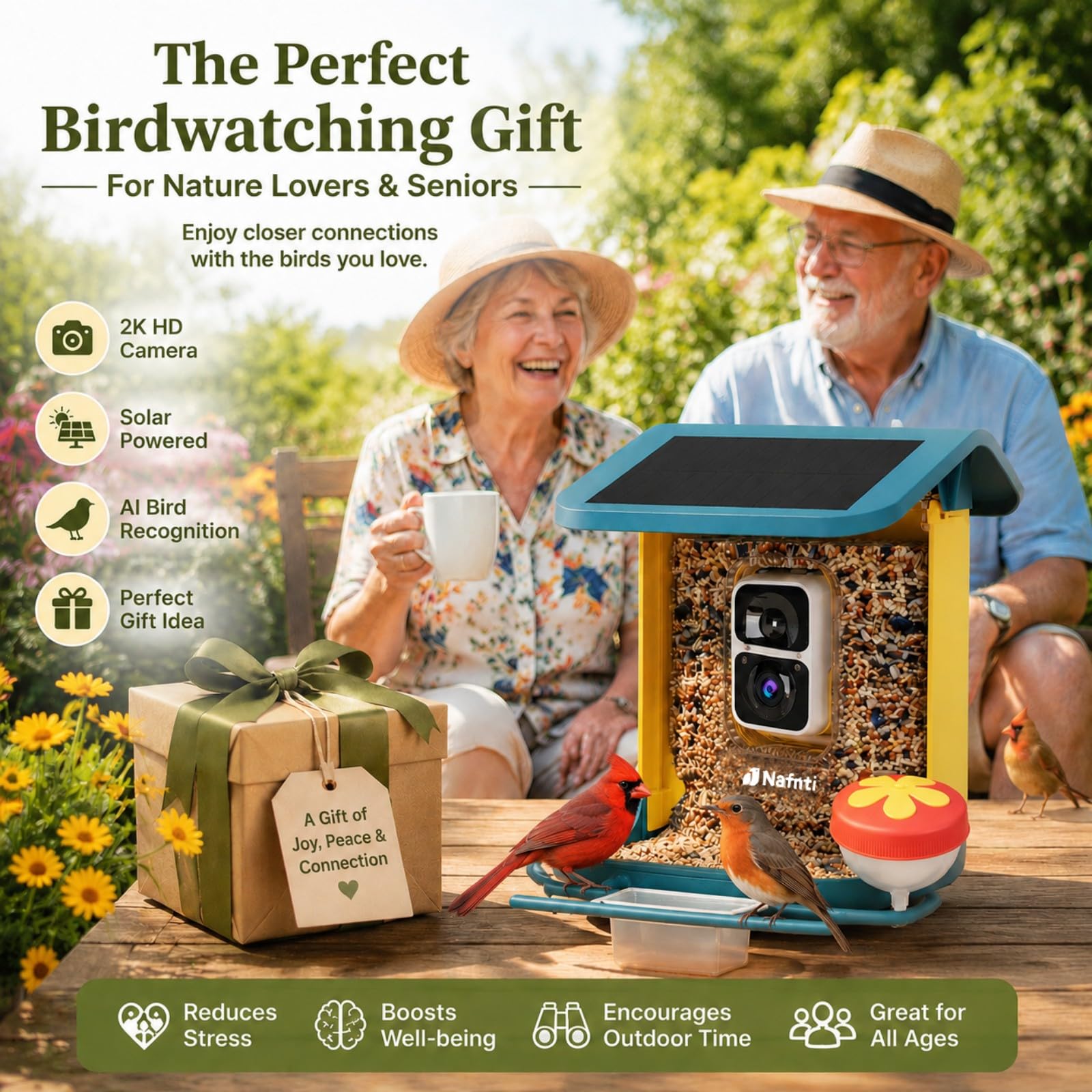 Comedero para pájaros con cámara alimentada por energía solar, 2K HD Live, AI Bird ID 1.8L