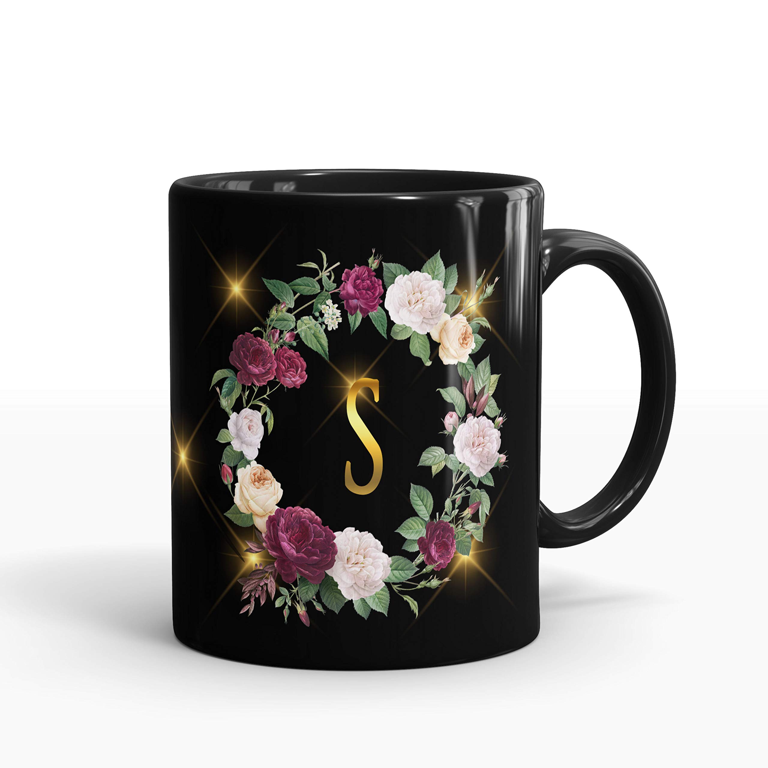 Gift Arcadia Ceramic Alphabet S Letter Flower Coffee Mug - 1 Piece, Black, 330ml (A180)
