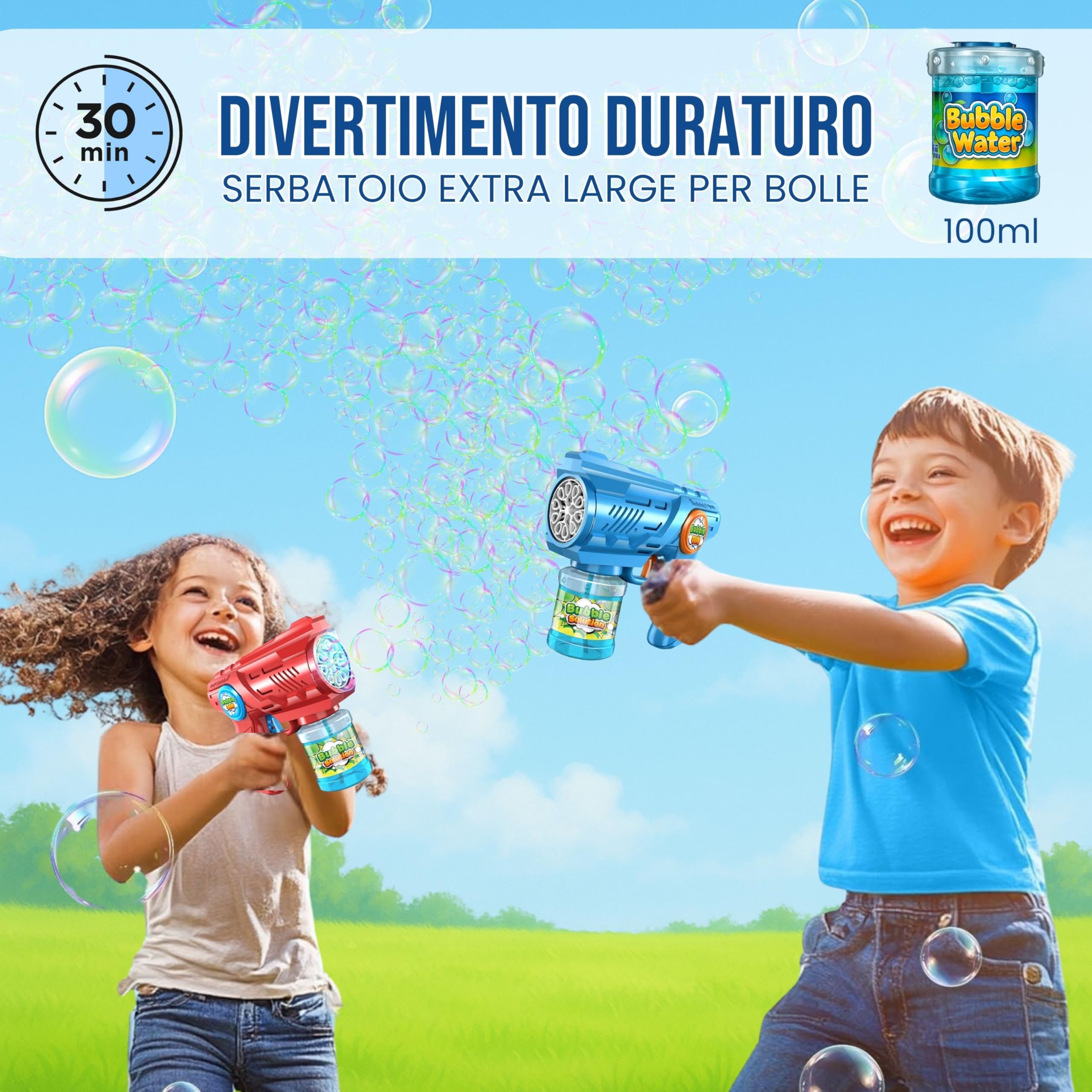 Blubbel Sparabolle di Sapone LED, Pistola Giochi, Macchina Automatica, Bubble Gun, Cannone d’Aria, Giocattolo Matrimonio, Regalo Estivo Bambini, 120ml Liquido Incluso