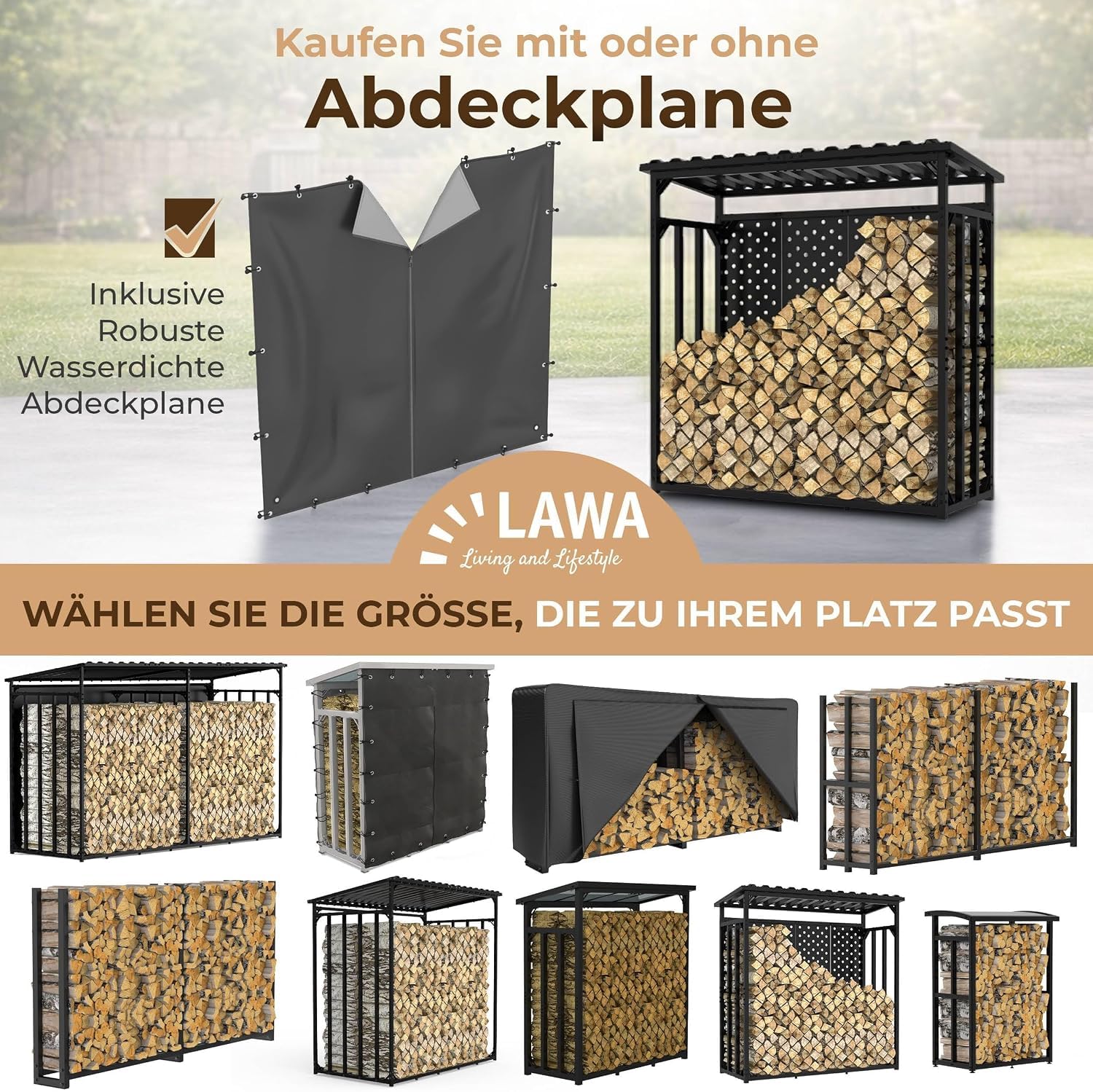 Scaffale per legna da ardere in metallo per esterni con tetto, 185 x 70 x