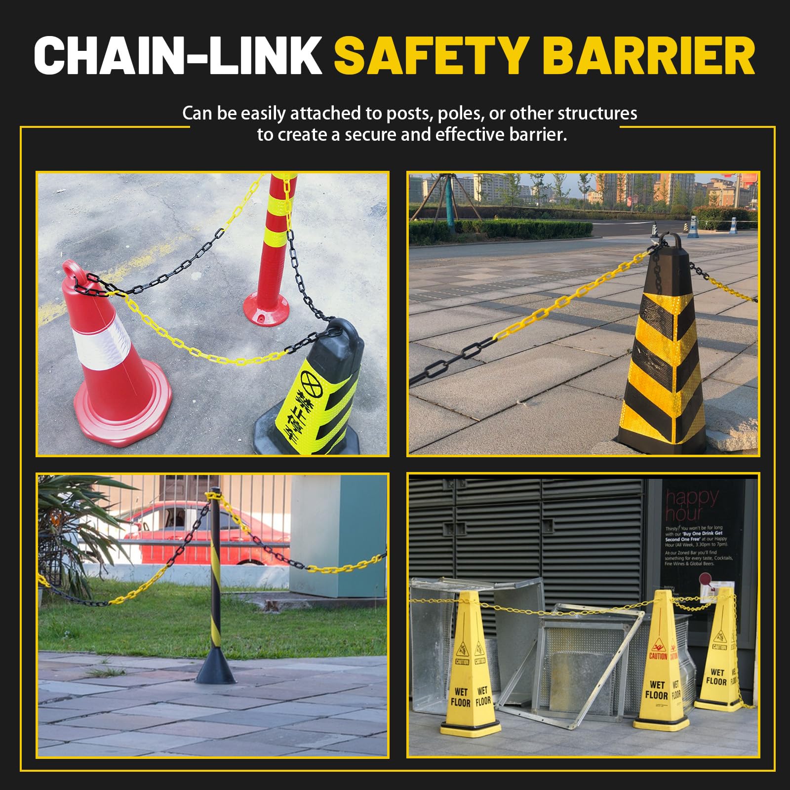 Erzekrim Absperrkette Warnkette Plastikkette Gelb Schwarz Kunststoff Kette 6mm Stärke Absperrkette Kunststoff mit 4 Karabinern für Baustelle,Parkplatz,Warteschlangen,Kunststoffkette (25M,Schwarz Gelb)