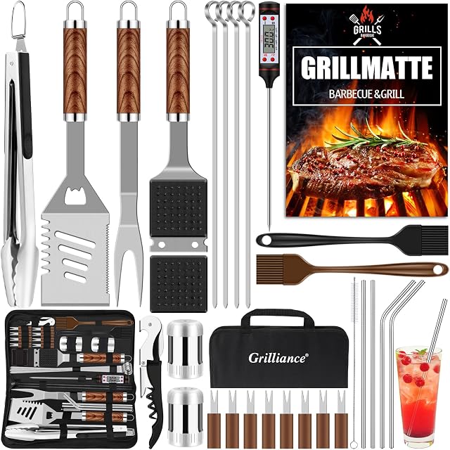 Grilliance 30pcs Stainless Steel Grill Tools Set for Men Gift Birthday, Heavy Duty BBQ Accessories Kit with Bag and Grill Mat, Portable Grilling Utensils for Outdoor Camping Brown