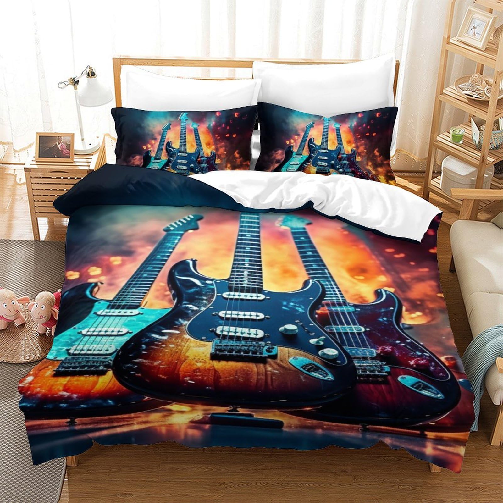 Couette guitare imprimée 3D avec housse de couette 140x200 zippée et taie d'oreiller