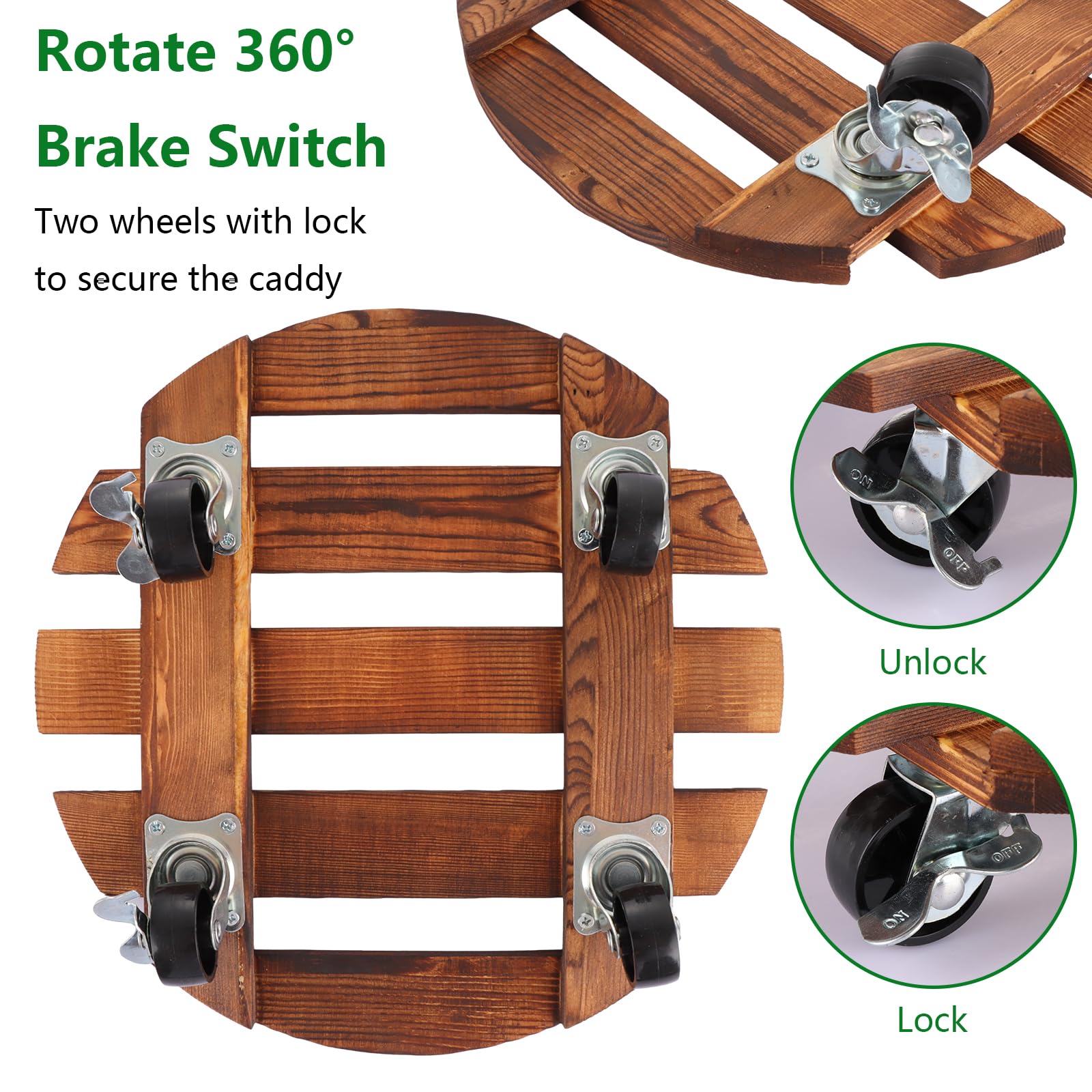ASelected 2 pack 12 Inch Plant Caddy Wooden Plant Stand with Wheels,Round Plant with Metal Lockable Caster Wheels Heavy Duty Trolley Rolling Plant Stand Dolly Plant Pot Movers Indoor Outdoor Patio - Image 4