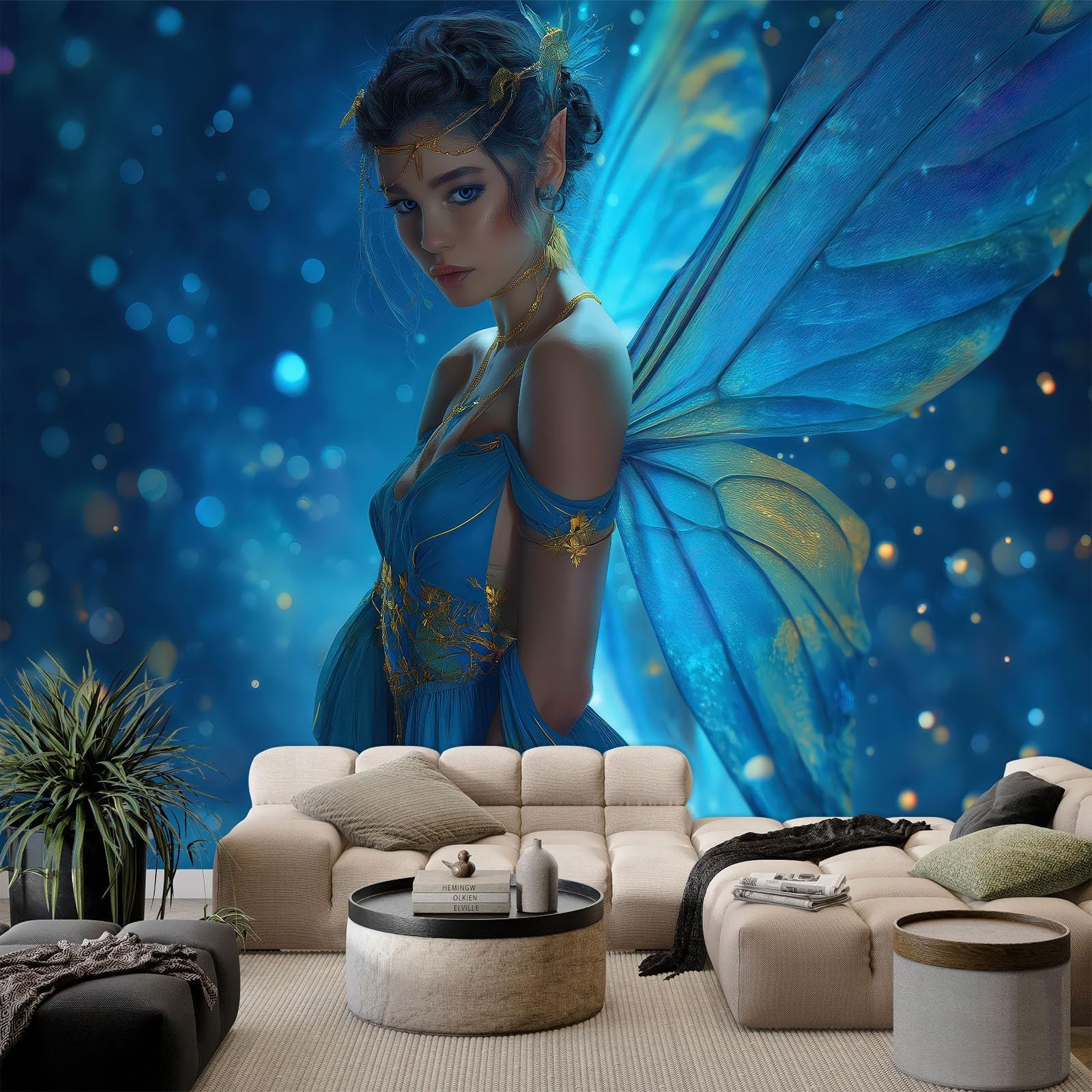 Genérico Fototapeta Fantasy Las Elegancka Wróżka 250 x 175 cm Wełna Tapeta XXL Fototapety Włóknina Dekoracja ścienna Salon Sypialnia Biuro Salon Niebieski