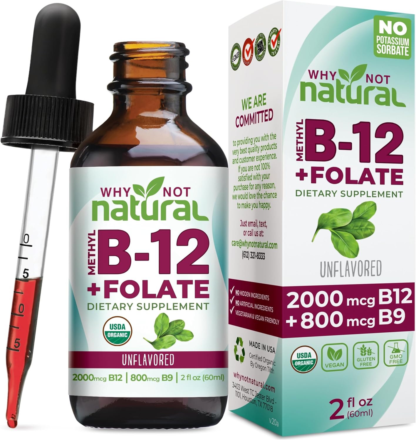 Why Not Natural Vitamin B12 Liquid Plus Folate - Organic Sublingual Extra Strength Vegan Drops - Methyl Supplement with Folinic