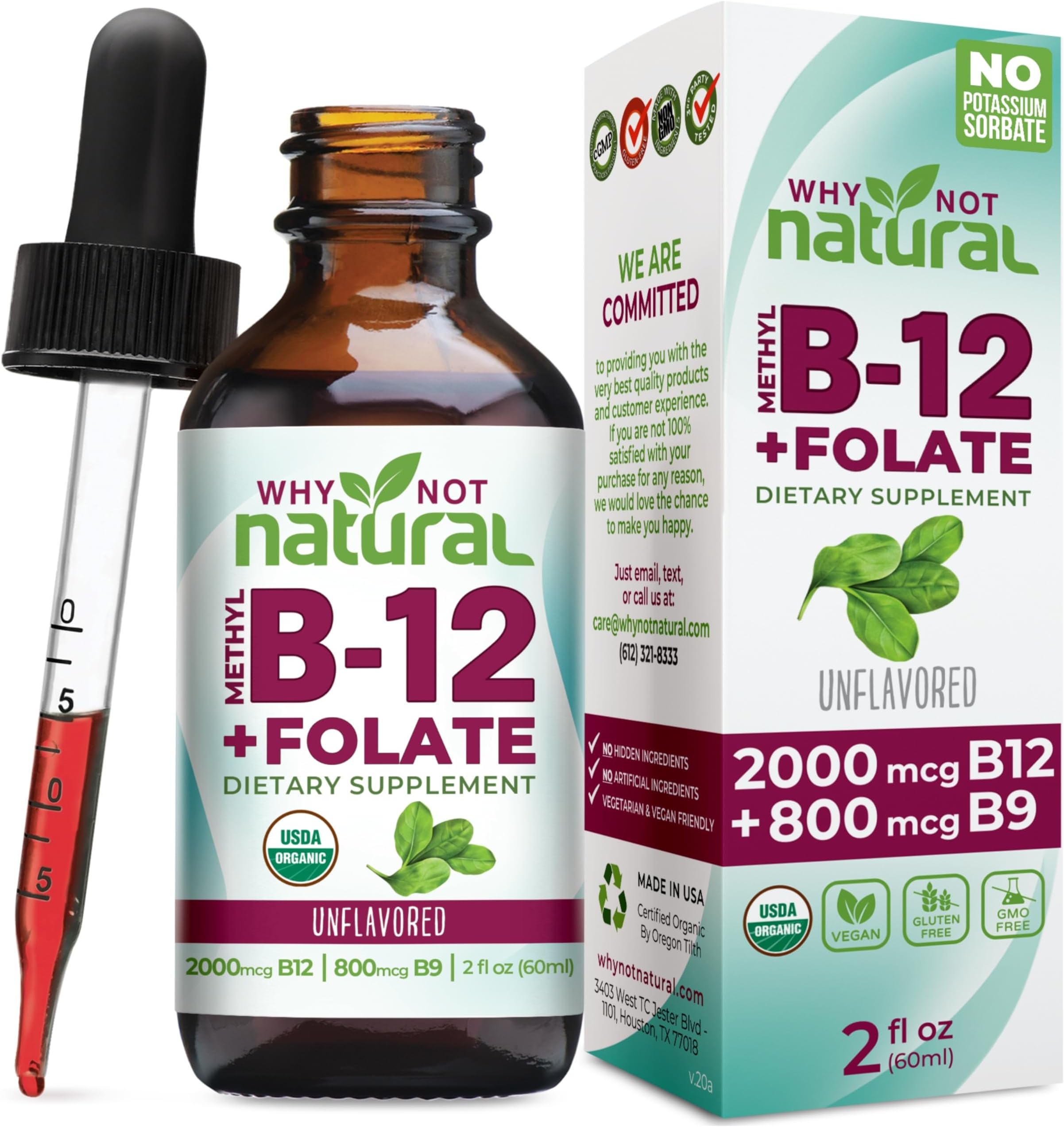 Why Not Natural Vitamin B12 Liquid Plus Folate - Organic Sublingual Extra Strength Vegan Drops - Methyl Supplement with Folinic