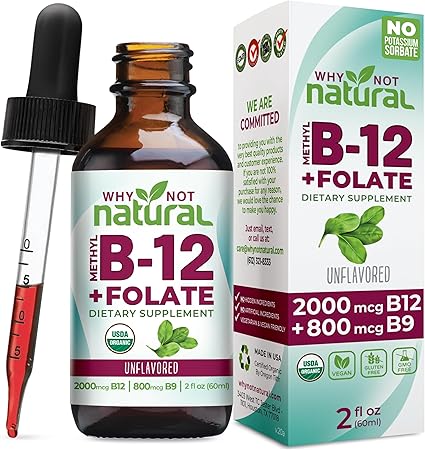 Why Not Natural Vitamin B12 Liquid Plus Folate - Organic Sublingual Extra Strength Vegan Drops - Methyl Supplement with Folinic