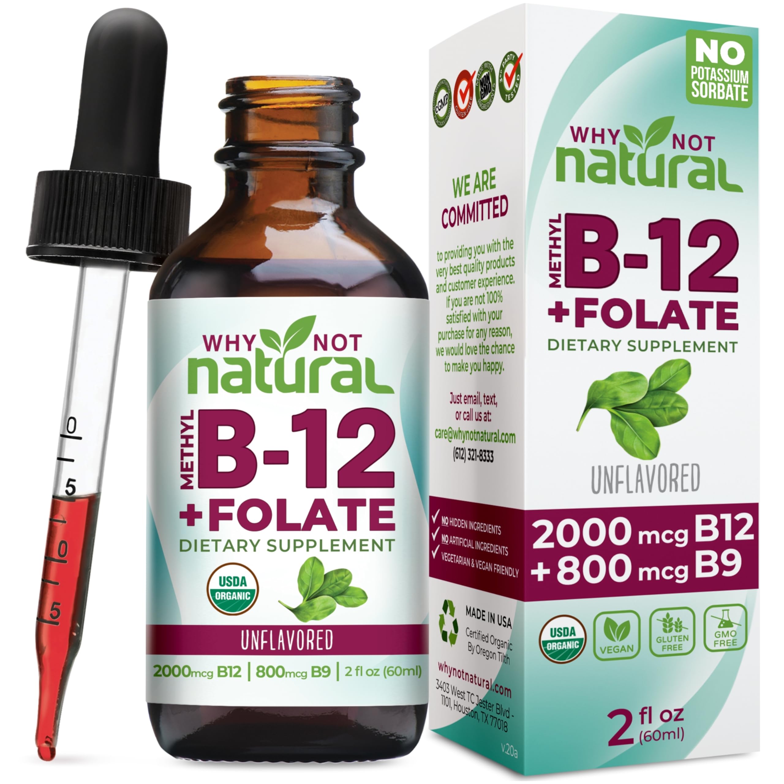 Why Not Natural Vitamin B12 Liquid Plus Folate - Organic Sublingual Extra Strength Vegan Drops - Methyl B12 and Folinic Supplement