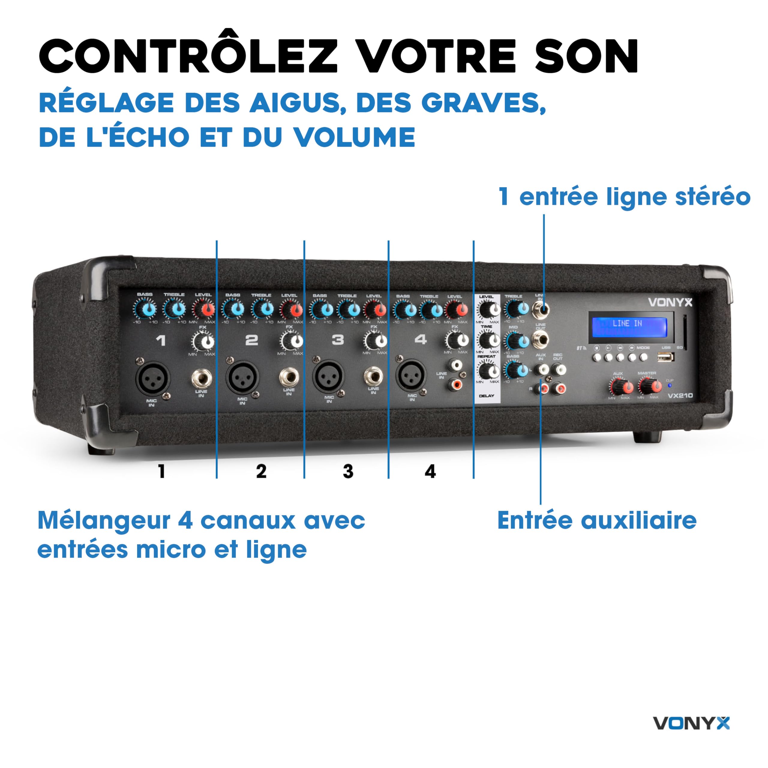 VONYX VX210 Système de Sonorisation Complet Bluetooth - 800 Watts, avec Trépieds Réglables, Table de Mixage Amplifiée, 2 Enceintes, Câbles, Microphone, Idéal pour Animer Vos Soirées
