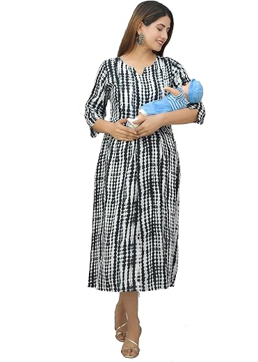 Negen Rayon Maternity Dresses for Women with Feeding Zip - Floral Tie-Dye Breastfeeding Maternity Gown Kurti for Pregnant ...