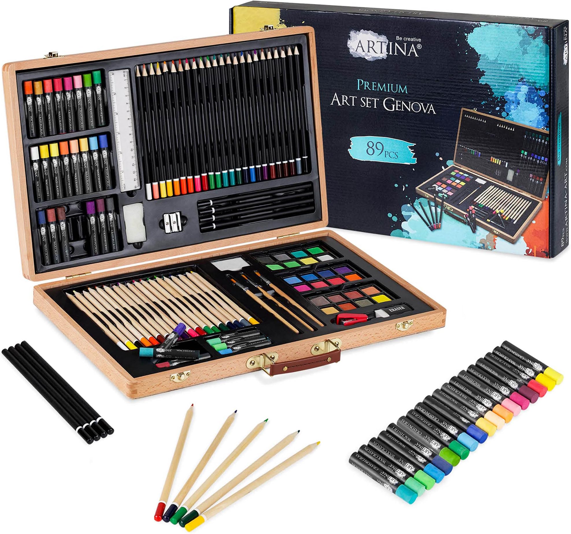 Artina 89pcs Beginner Artist Painting Set with Large Wooden Case Genova – Portable Art Studio with Wax Crayons, Coloured Pencils, Watercolours, Pastels, Brushes Drawing Set Painting