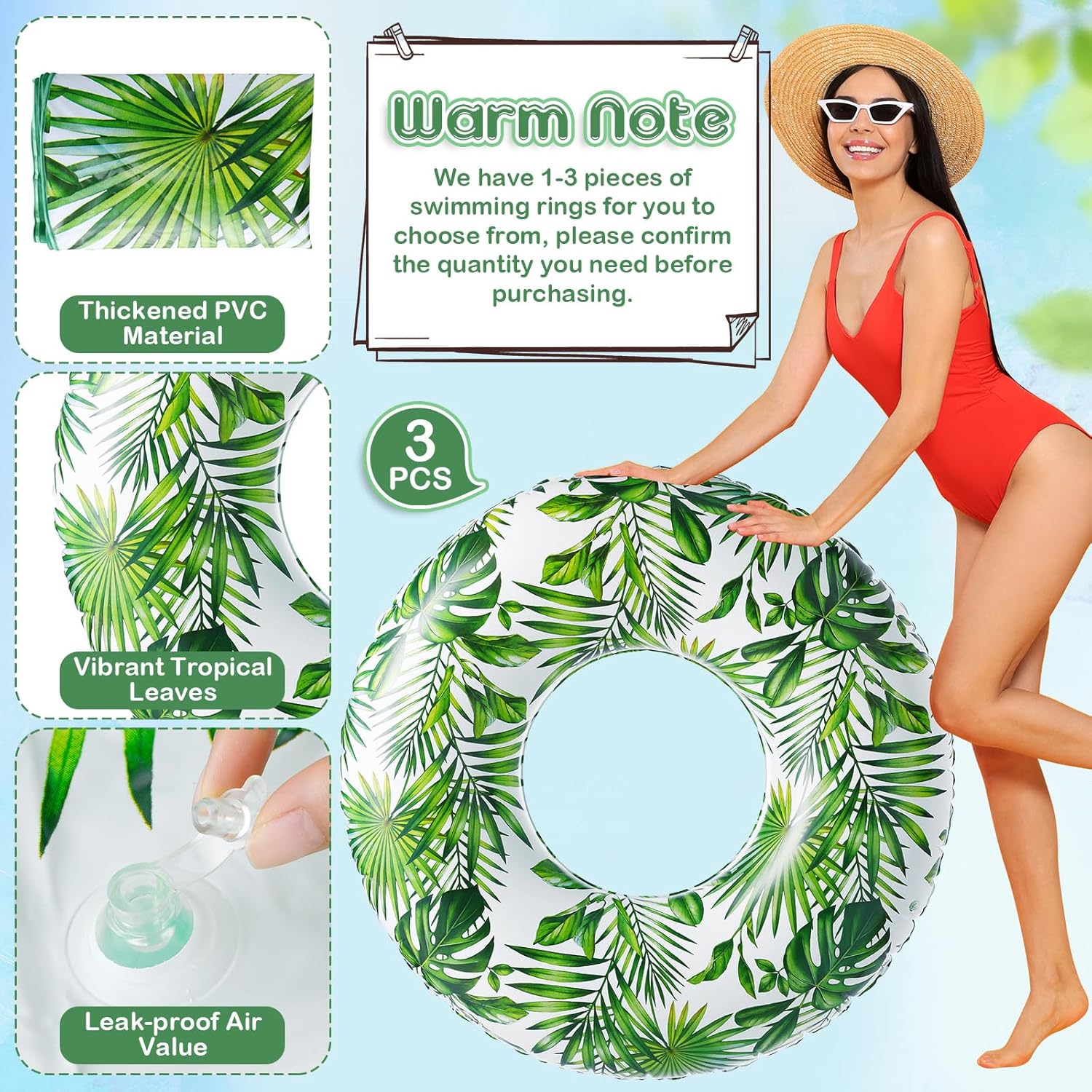 Simgoing Jumbo Swimming Ring Pool Float 47.24 Inch Inflatable Float Tube Tropical Leaves Pool Tube Green Leaves Inflatable Tube Pool Rings for Adults Summer Beach Tropical Party Supply