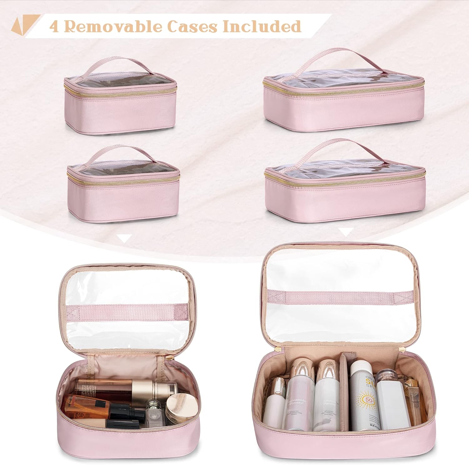 Professional Makeup Artist Travel Case with 4 Detachable Cosmetic Bags, Large Make up Organizer Bag with Makeup Kit Storage Section and Hair Tools Pocket, Pink (Empty Bag Only) - Image 2