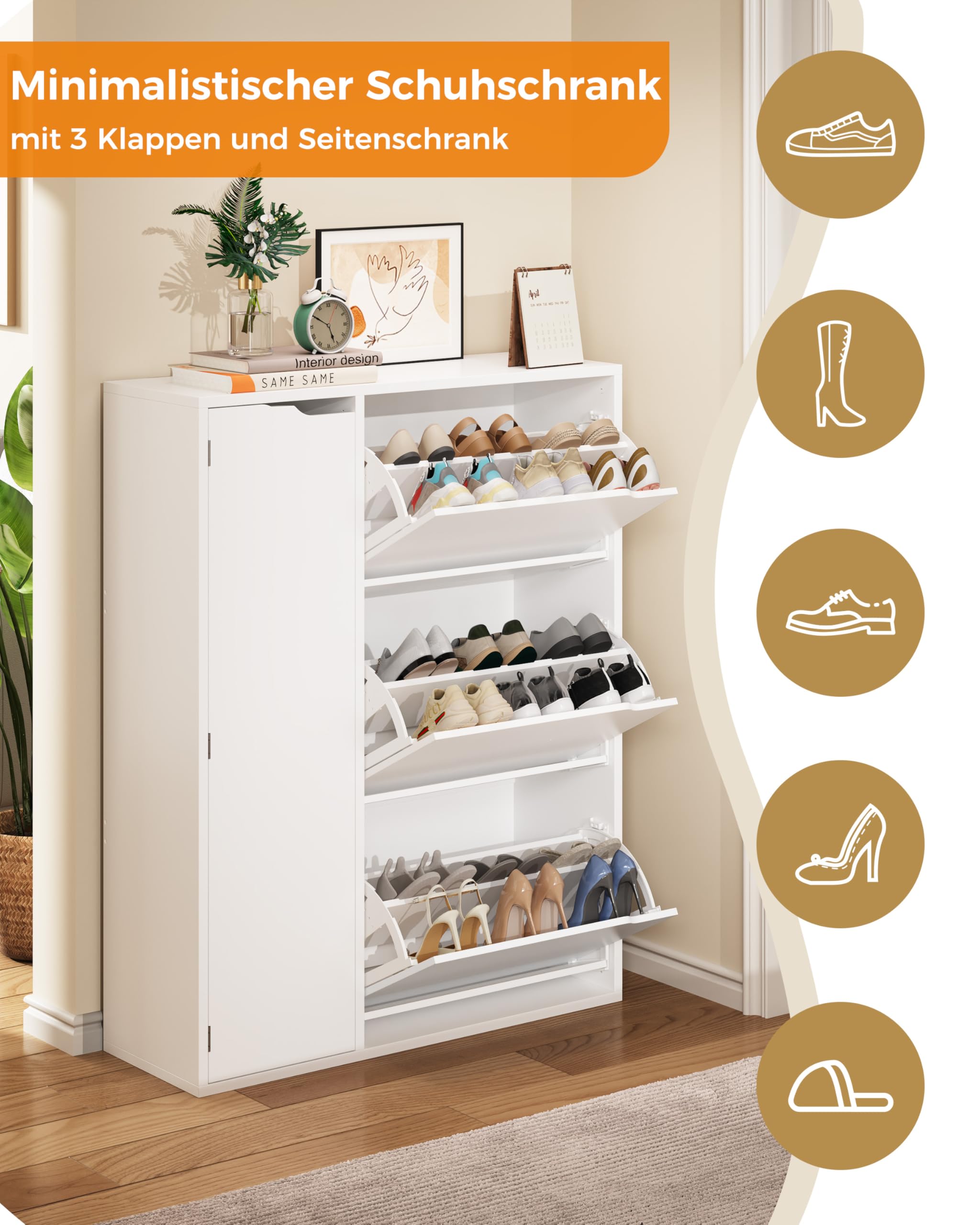 IRONCK Schuhschrank mit 3 Klappen, Schuhkipper Schmal mit Tür, Schuhregal Flur freistehend, Schuhkommode mit verstellbaren Trennwände, Schuhablage Schrank für Eingang Wohnzimmer, 77x30x112cm, Weiß