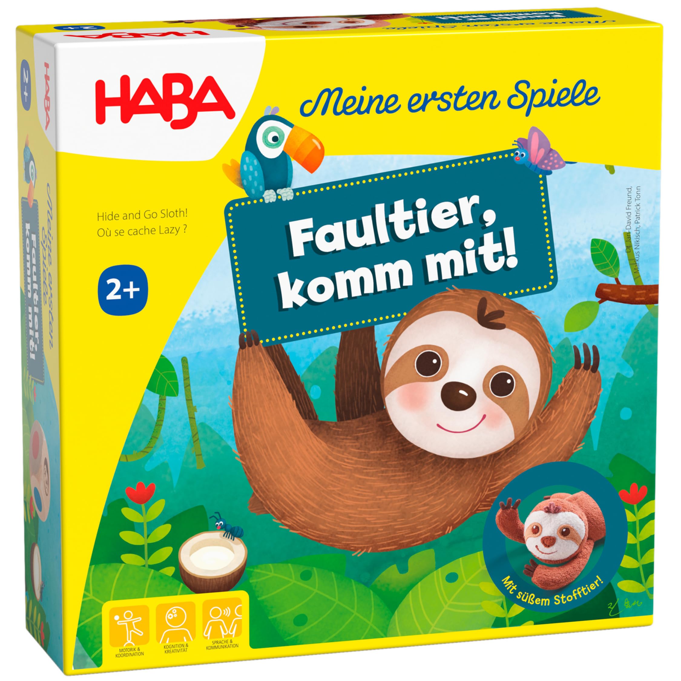 HABA Meine ersten Spiele – Faultier, komm mit! – Lustiges Bewegungsspiel ab 2 J. – Bring das Kuschel-Faultier zu seinen Lieblingsorten – Such- & Balancierspiel für Kinder
