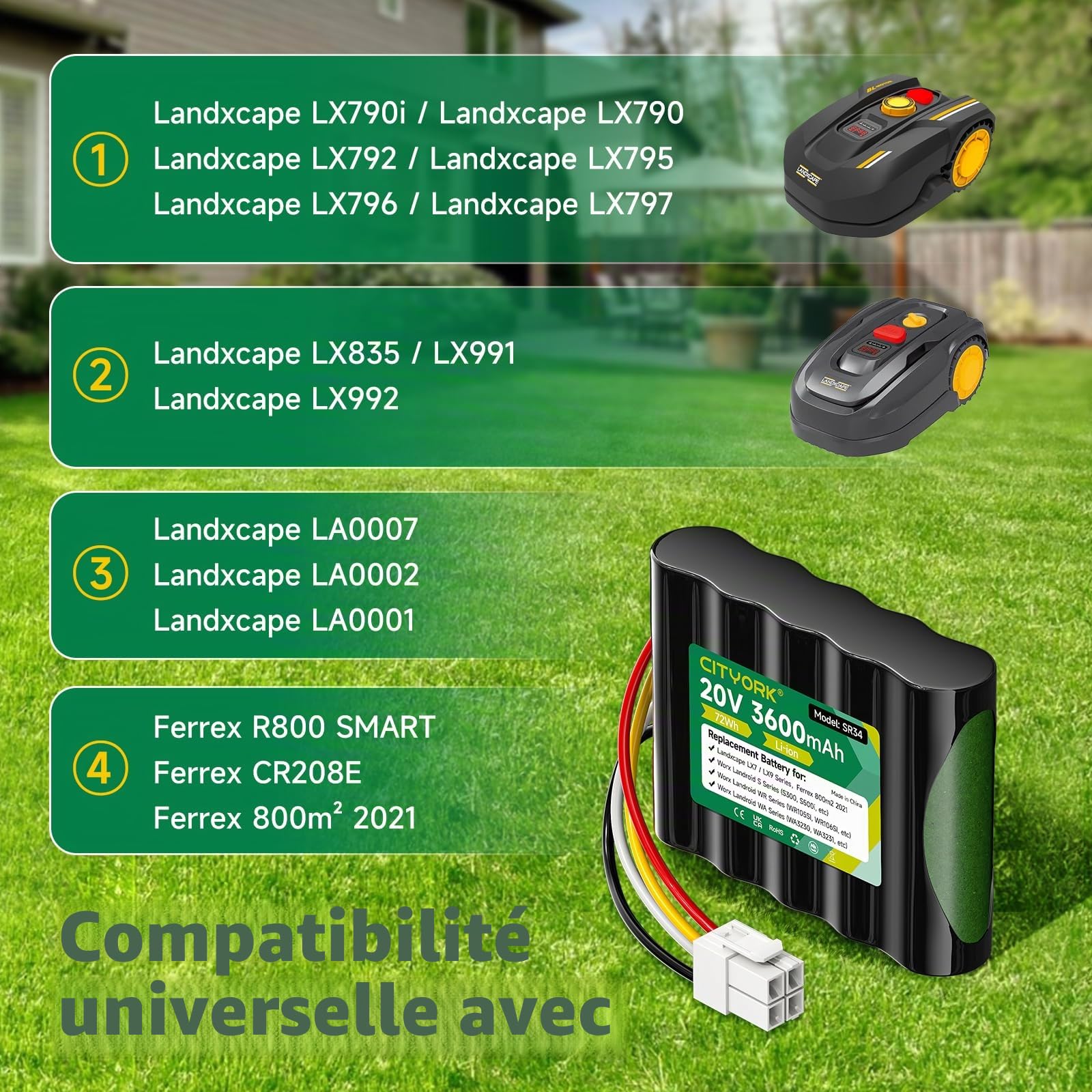 CITYORK Batterie de rechange 20 V pour Landxcape LX790i LX790 LX792 LX795 LX796 LX797, pour Landxcape LX835, LX991 LX992, pour Ferrex 800m² 2021 CR208E, R800 SMART, pour Kress Mission KR111 3, KR12