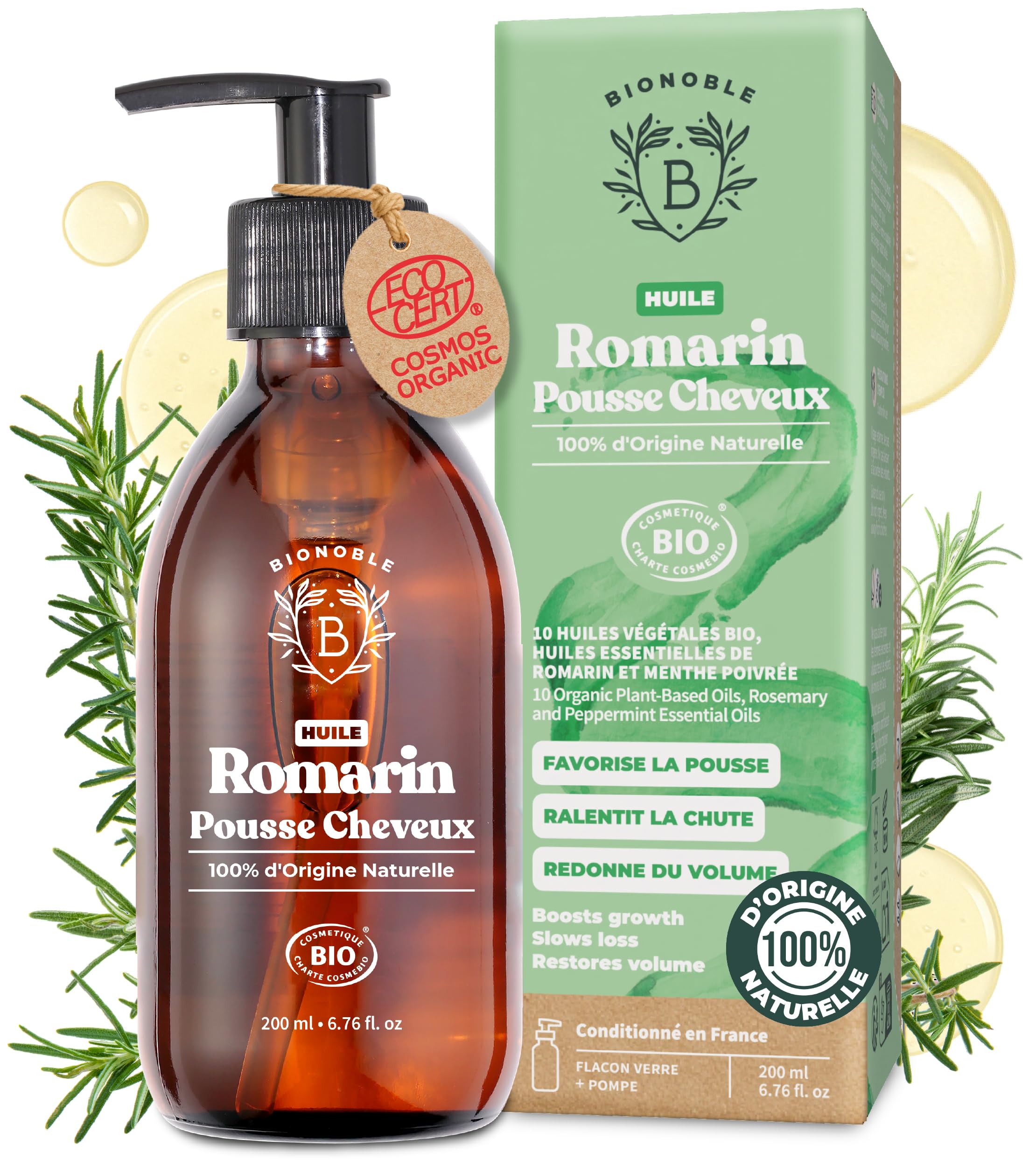 BIONOBLE Huile de Romarin pour Cheveux Bio - Favorise la Pousse et Ralentit la Chute - Huile Romarin Cheveux, Ricin, Argan, Jojoba - Rosemary Oil for Hair Growth - Flacon Verre avec Pompe - 200ml