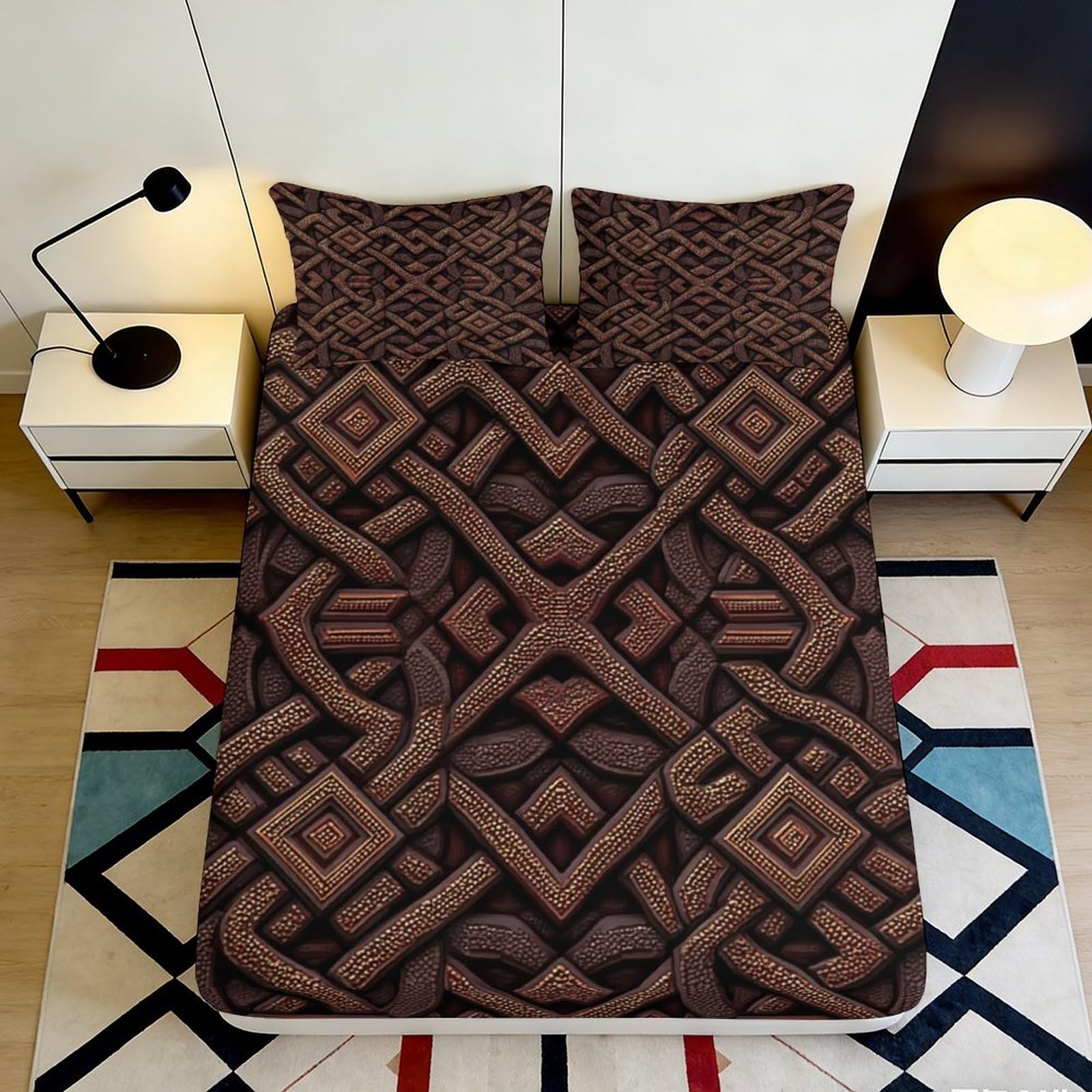 3D Printed Geometric Brown Fitted Sheet Microfiber Anti-Slip Artistic Bed Cover for Bedroom Dorm Mattress Decor 90x200x25cm