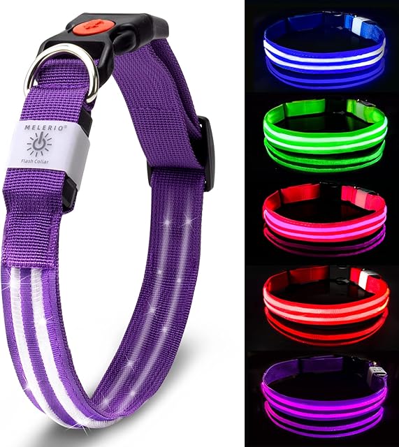 MELERIO LED Dog Collar with USB Rechargeable & 100% Waterproof, Super Bright Flashing Dog Collar with 10 Hours Working Time(purple)