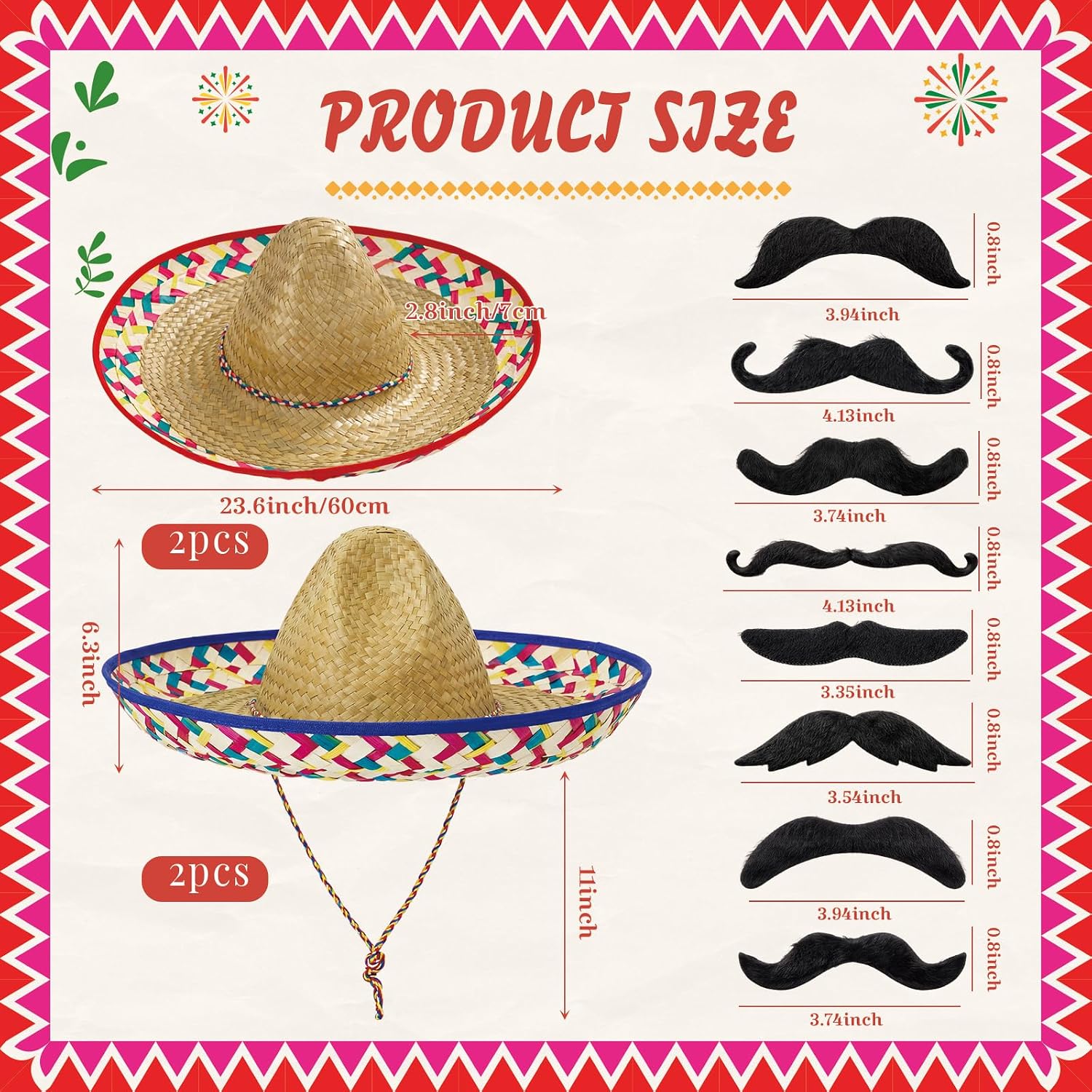 Sombrero Hats Set Party Hats Fake Mustaches Beards for Adults Mexican Fiesta Party