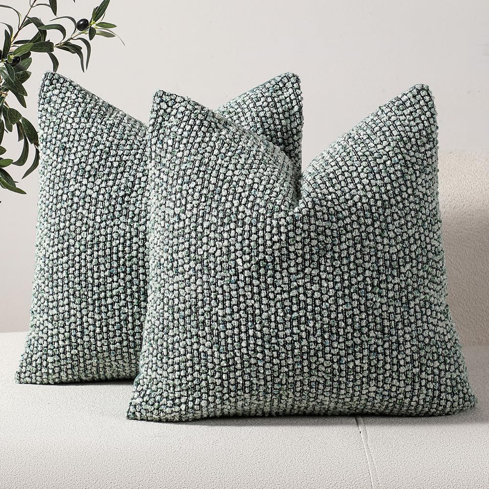 DEZENE Striped Euro Sham Pillow Covers 26x26 Set of 2 Green Textured Boucle Chic Morden Boho Accent Farmhouse Square Decorative Couch Throw Pillow