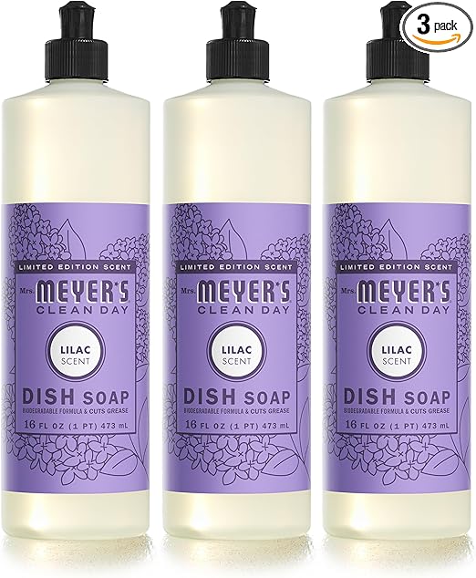 MRS. MEYER'S CLEAN DAY Liquid Dish Soap, Lilac Scent, 16 Ounce Bottle (Pack of 3)