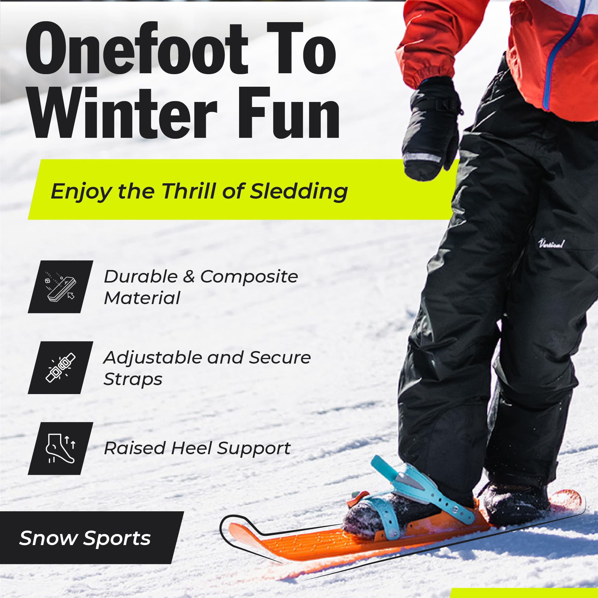 Onefoot Mini Ski - Kompakter Mini Ski (71,7 x 15,3 cm) mit verstellbaren Bindungen & Grip Spikes - Langlebiges kurzes Skiboard - Spaß für Tricks, Balance und Freesty-Skifahren