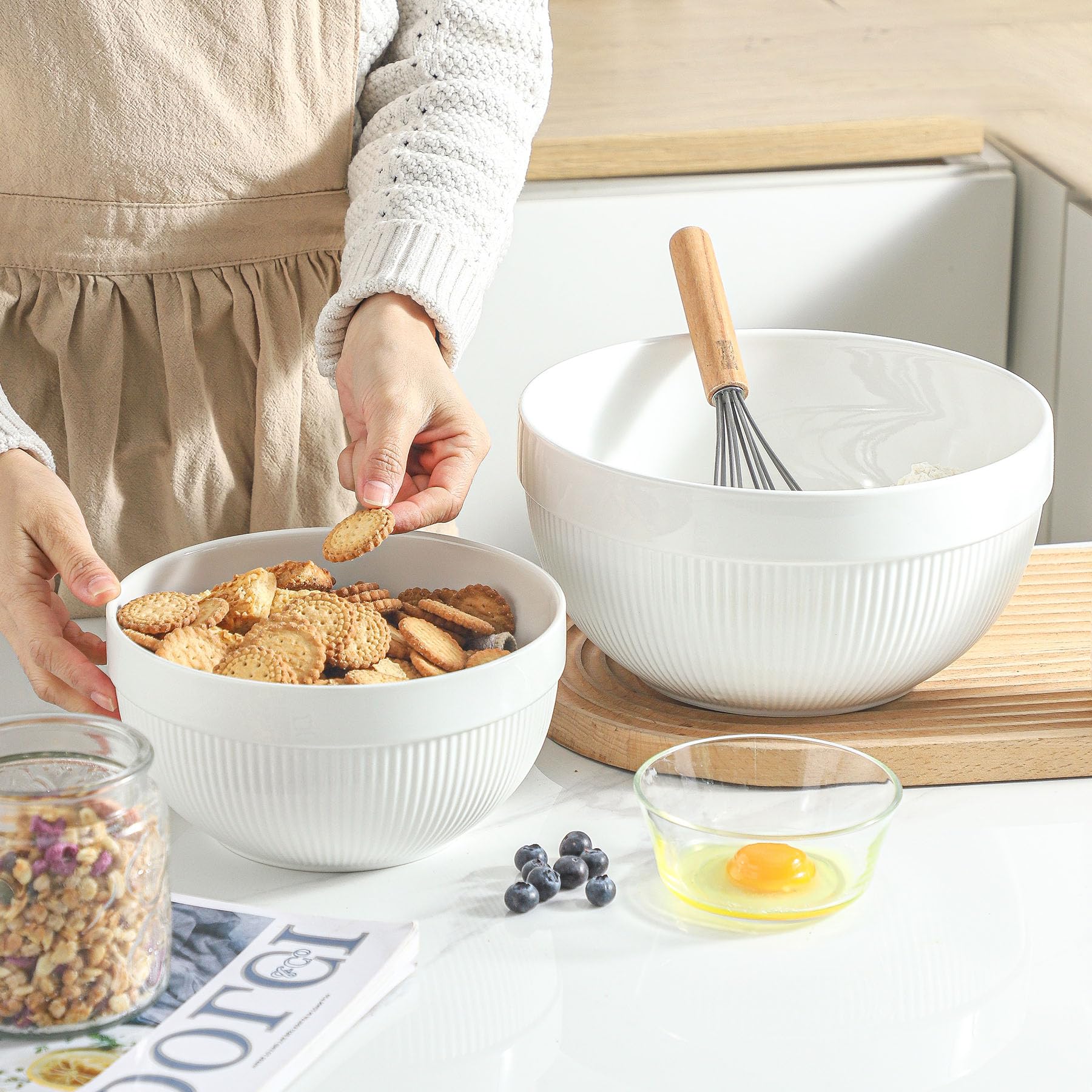 Cuencos grandes de cerámica para mezclar, juego de 2 cuencos apilables para cocinar, servir, palomitas de maíz, ensalada
