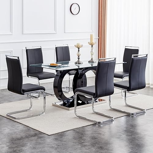 Juego de mesa de comedor Ebullient para 6, juego de mesa de comedor de 7 piezas, tapa de mesa de cristal templado, mesa moderna de comedor con 6