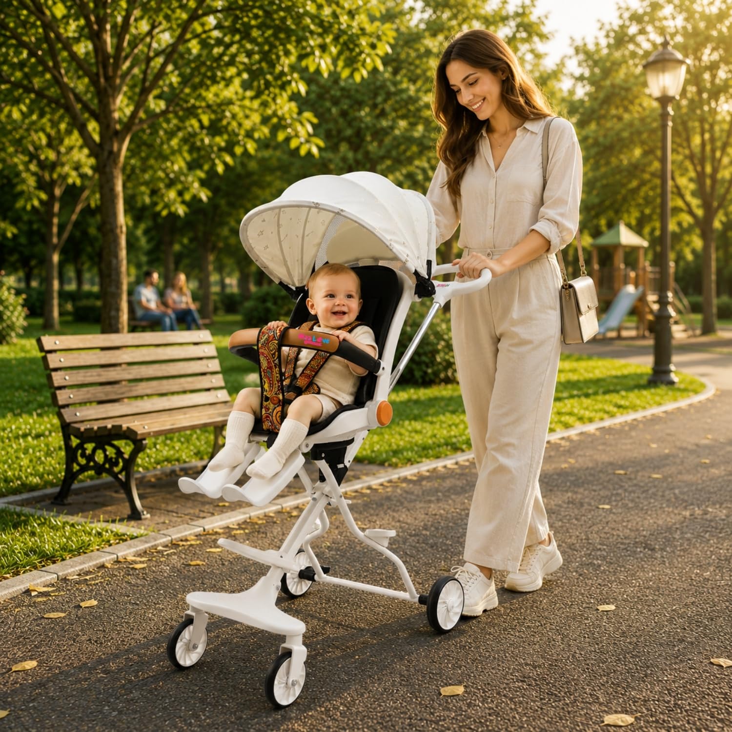 Maa Love Morden Baby Stroller/Pram With Leg For Kids 0 to 3 year, 5 Point Safety Harness, Seat with 360 Rotation ,Adjustable backrest Girl & Boy With Multi -Level Adjustment Canopy ,360 Swivel Wheel, Reversible Handlebar White-image-4