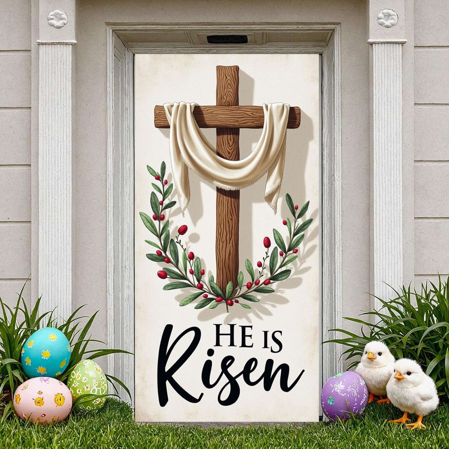 Easter Religious Door Cover Decorations Front Door Banner for Easter Holiday Party Supplies Christian Easter Porch Sign Banner Front Door Cover for Spring Holiday Home Decor