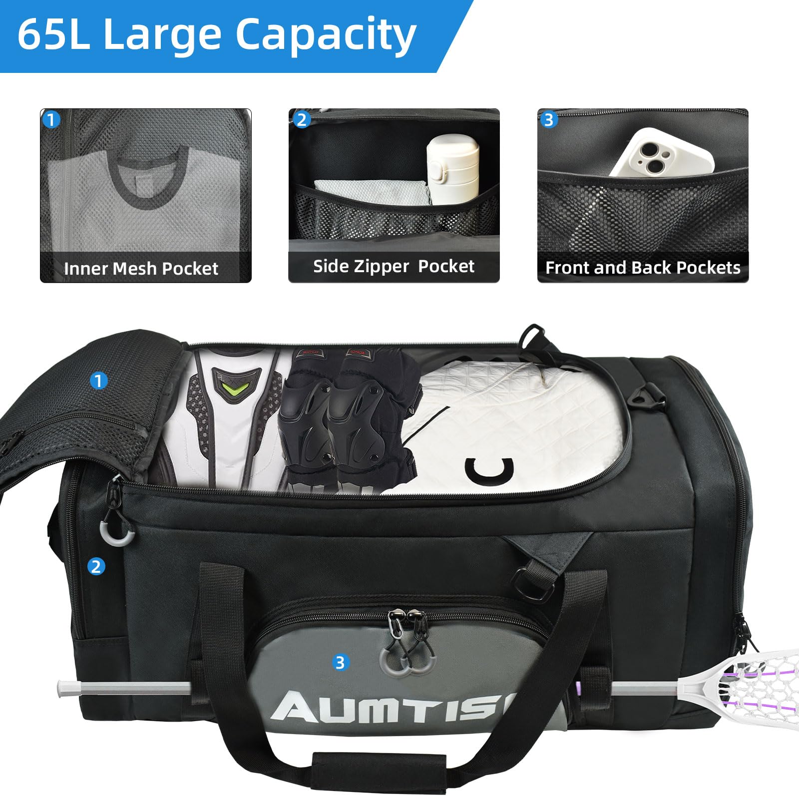 AUMTISC Sac de crosse, peut être utilisé comme sac à dos ou sac de sport, 2 supports de bâtons et compartiment séparé à crampons, grande capacité de 75 l pour contenir tous les équipements de crosse