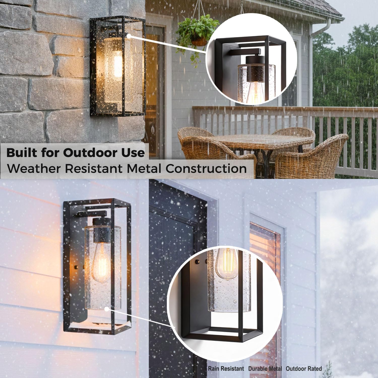 Outdoor Wall Lights 2 Pack , 14 Inch Exterior Wall Sconces with Clear Seeded Glass, Modern Matte Black Hardwired Wall Lanterns, Waterproof Anti-Rust Porch Light for Garage & Front Door (E26 Base)