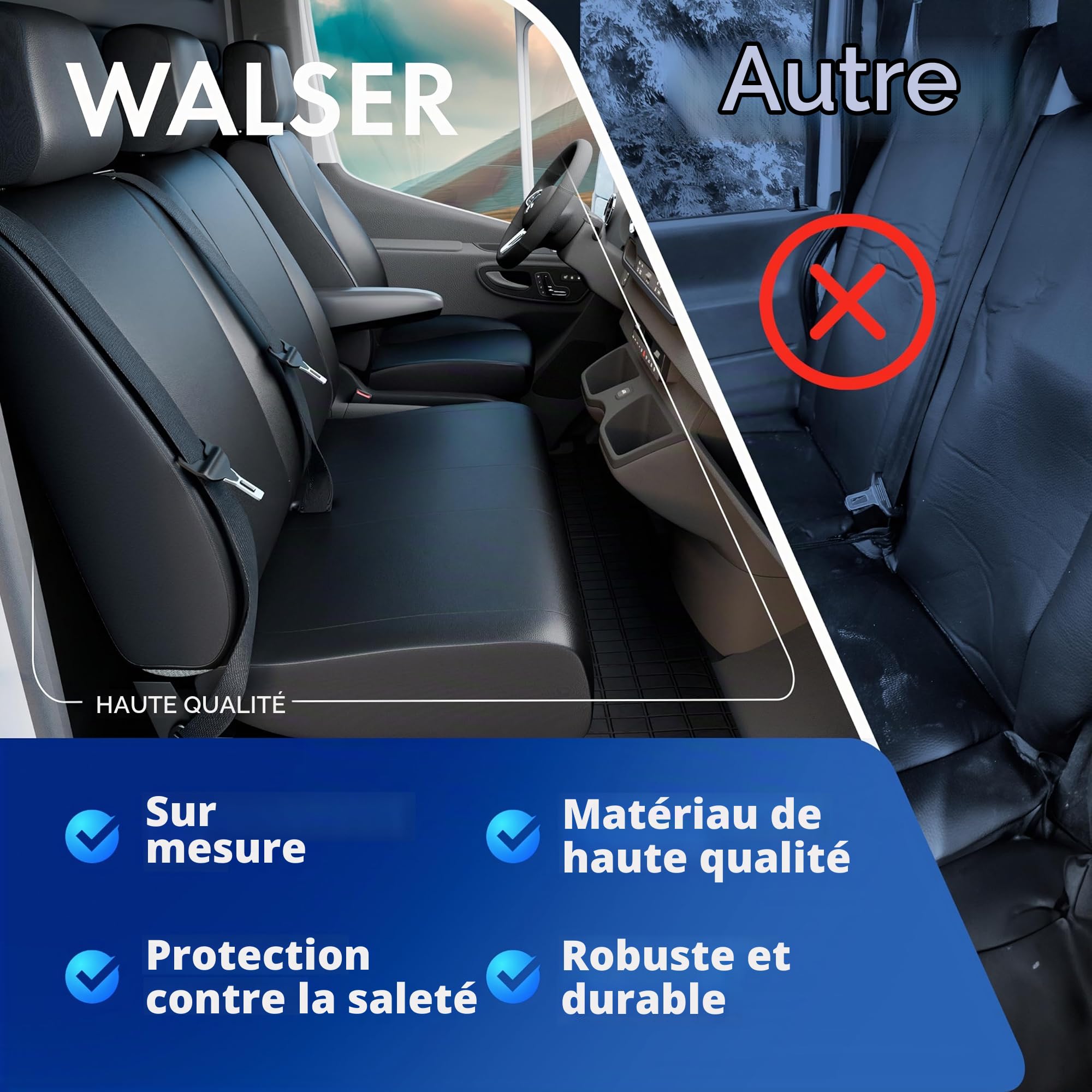 WALSER Transporter Housses de siège auto en similicuir compatible avec VW Crafter, Mercedes Sprinter, 1 siège individuel à l'avant (évidement accoudoir) & double banquette avant rabattable
